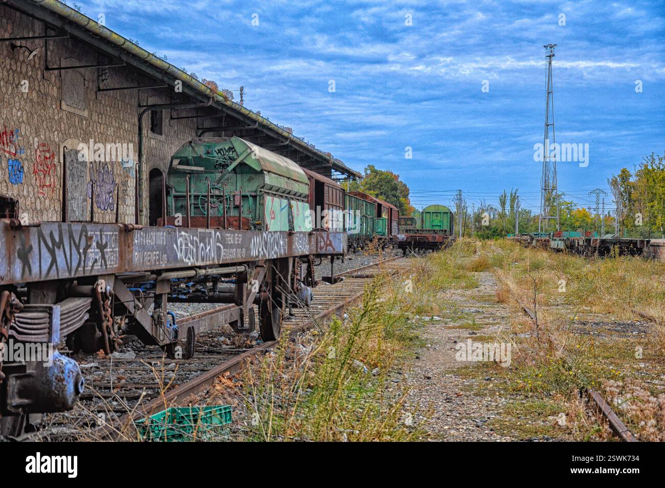 Zeitlose Gleise im Bahnhof von Aranjuez: Forgotten Freight Yard Stockfoto