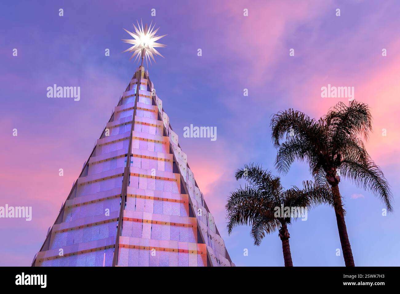 Moderne Weihnachtsbäume und Palmen in der Abenddämmerung in San Diego, Kalifornien Stockfoto
