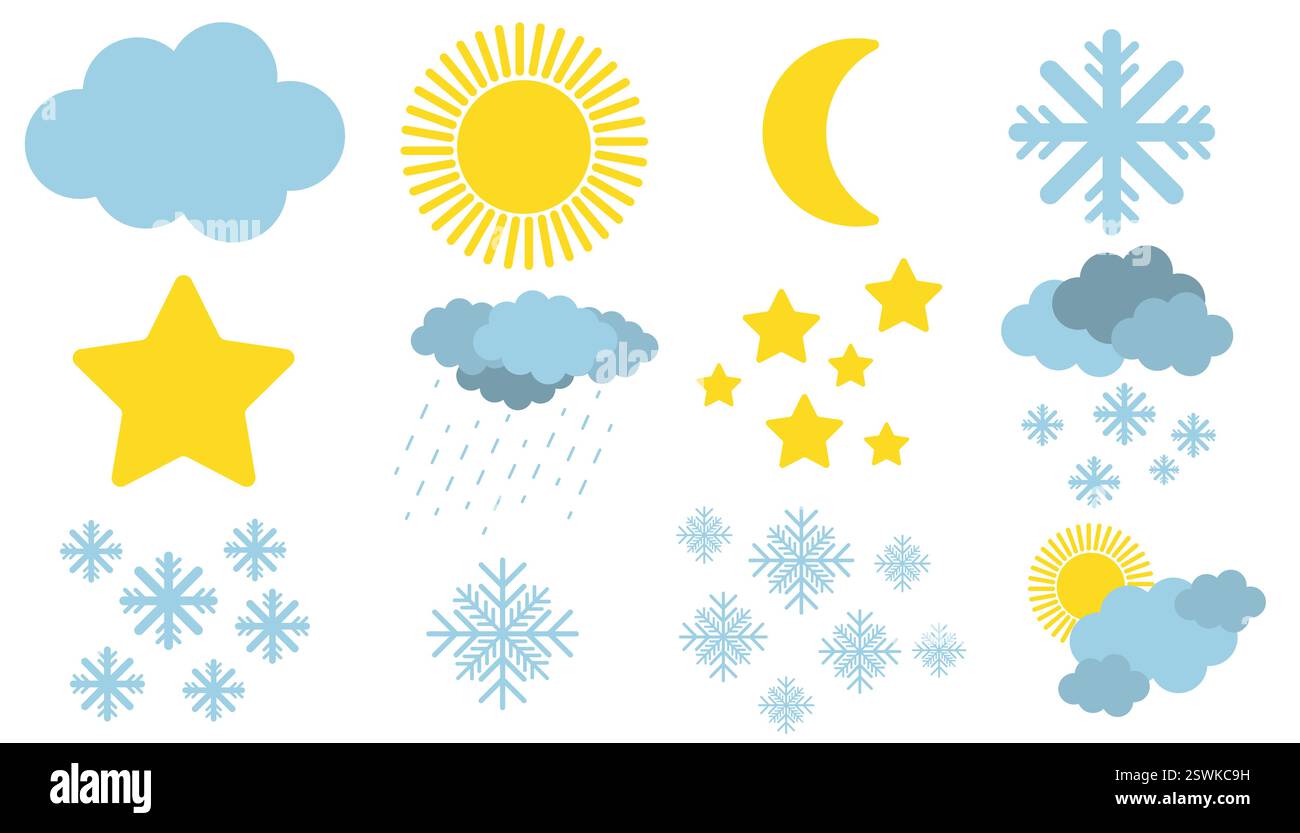 Niedliche Wetterphänomene untergegangen - Wolken, Gewitter, Schnee, Regen, Sonne und Halbmond. Symbole für Zeichentrickvorhersagen auf weißem Hintergrund. Stock Vektor