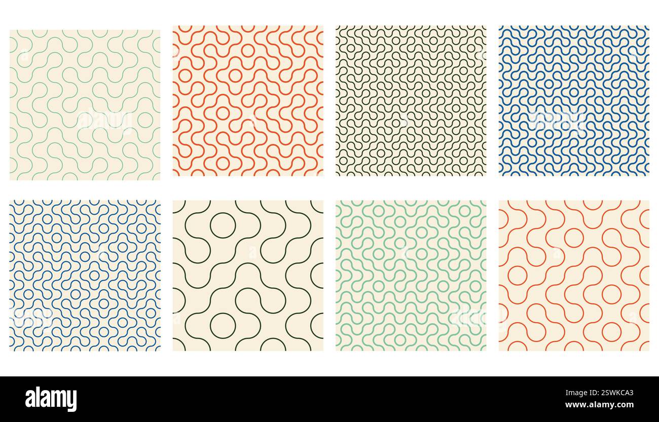 Truchet-Kollektion mit dünnen, runden Formen und nahtlosen Mustern. Moderner Stil mit geometrischen Mosaikmustern und abgerundeten Linien. Modernes, neigbares Mosai Stock Vektor