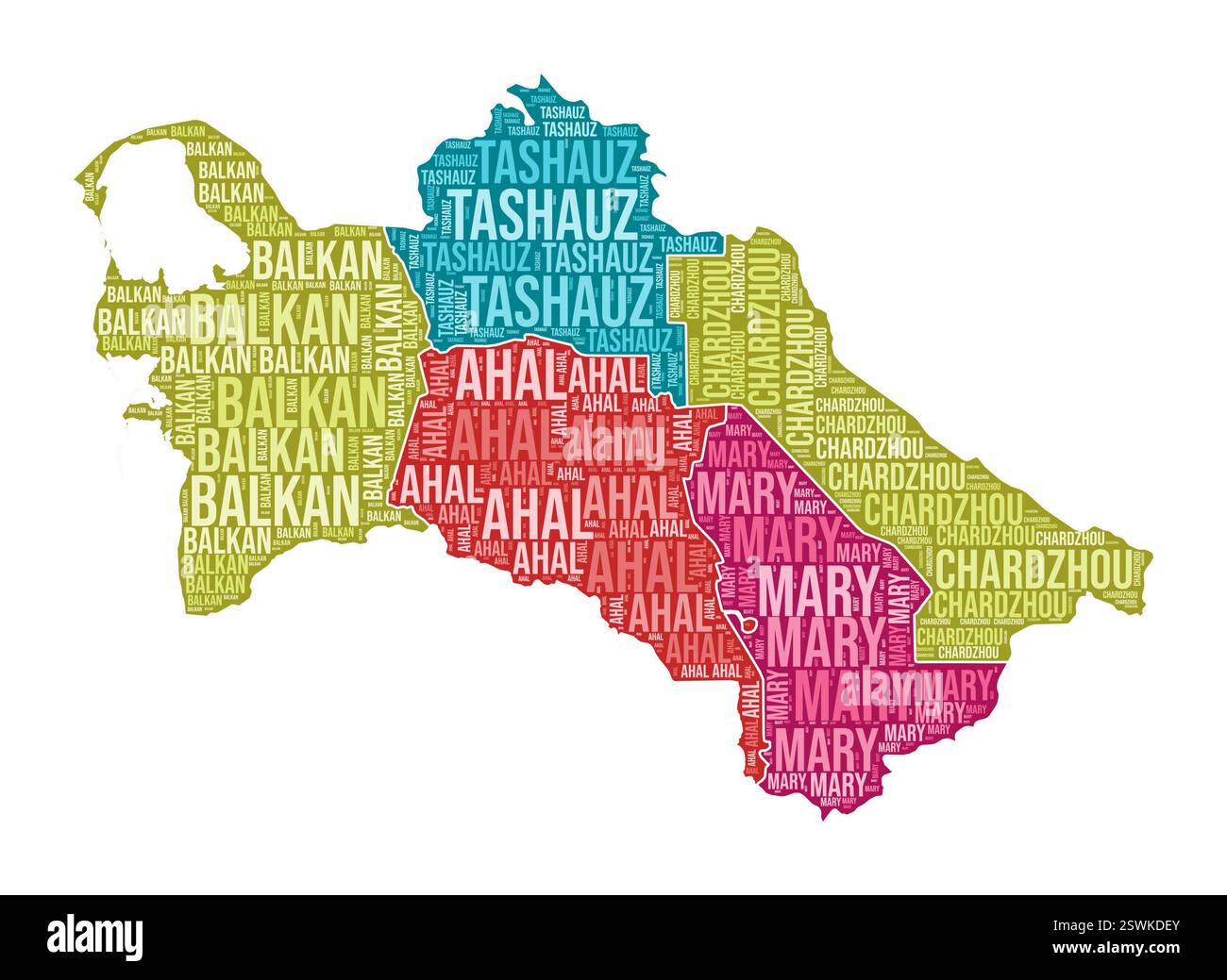 Turkmenistan-Form. Country Wortwolke mit Bereichsbereich. Turkmenistan farbige Illustration. Bereichsnamen Cloud. Vektorabbildung. Stock Vektor