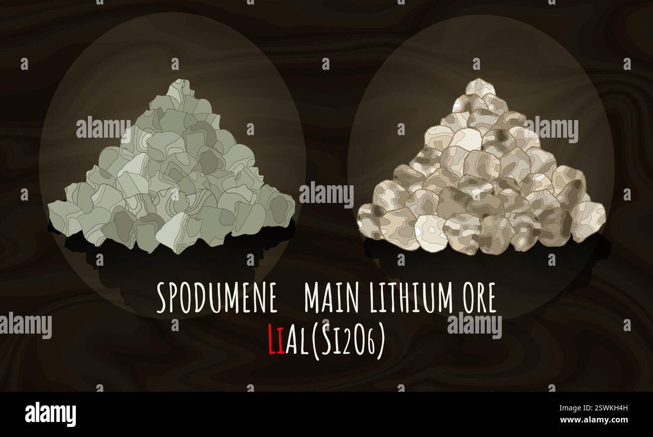 Vektorzeichnung Spodumene. Handgezeichnete Abbildung. LITHIUMERZ. Lithiumhaltiges Mineral. Stock Vektor