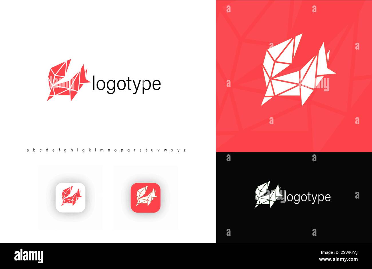 Lowpoly geometrisches Fuchs-Logo mit polygonalen Formen, das Agilität, Intelligenz und Technologie symbolisiert. Ideal für IT, Start-ups, Cybersicherheit, KI Stock Vektor