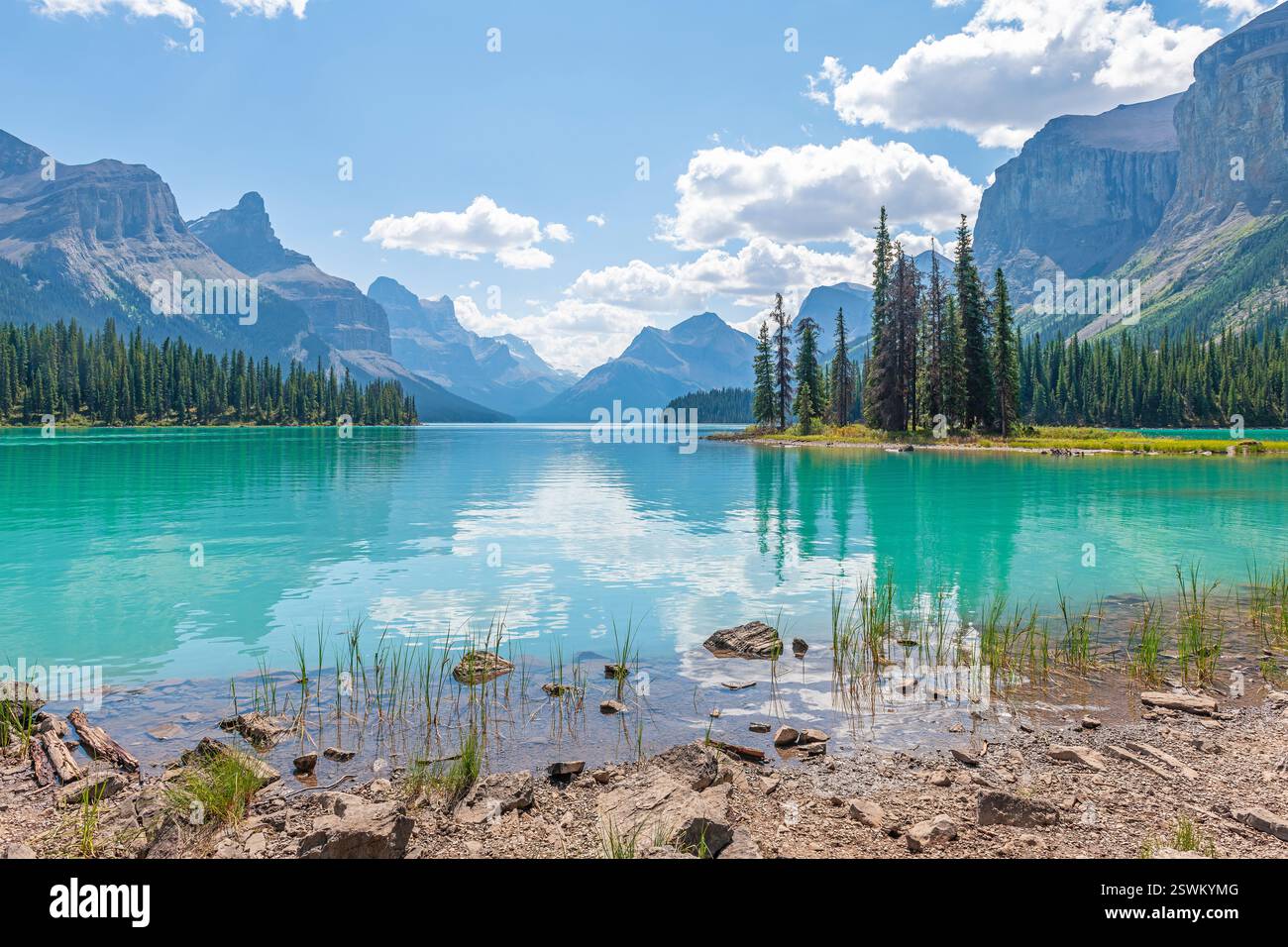 Spirit Island und Canadian Rockies Reflection, Jasper National Park, Kanada. Stockfoto
