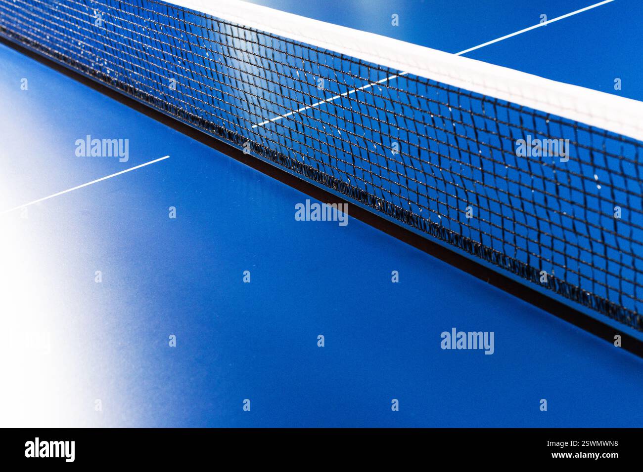 Netz auf blauem Tischtennistisch aus nächster Nähe Stockfoto