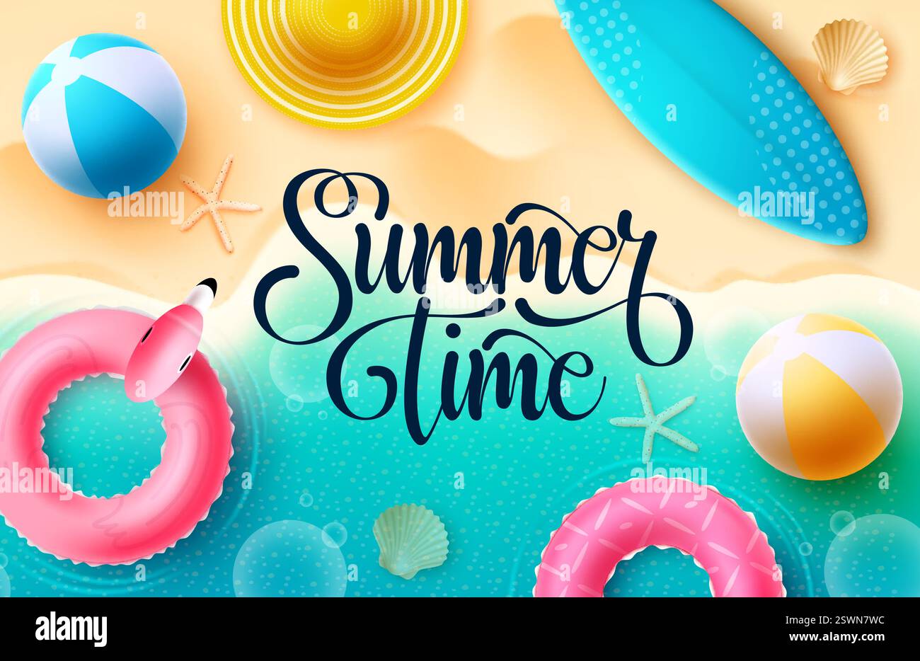 Sommer-Vektor-Hintergrund-Design. Typografie-Text in der Sommerzeit am Strand mit Floater, Surfboard und Beachball-Elementen für Spaß und Spaß Stock Vektor