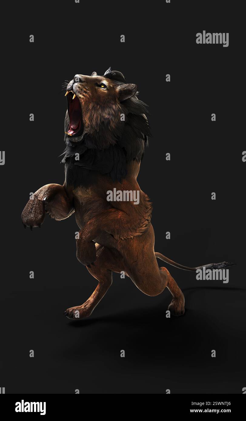 3D-Illustration eines majestätischen Löwen, der mit offenem Mund in heftigem Brüllen vor einem dunklen Hintergrund hüpft, was seine kraftvolle Körperform und fließende Mähne unterstreicht Stockfoto