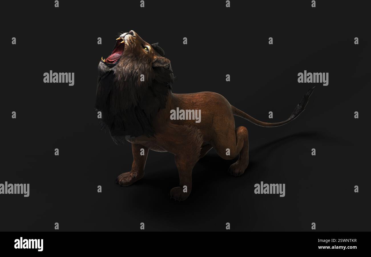 3D-Illustration eines majestätischen Löwen, der mit offenem Mund in heftigem Brüllen vor einem dunklen Hintergrund hüpft, was seine kraftvolle Körperform und fließende Mähne unterstreicht Stockfoto