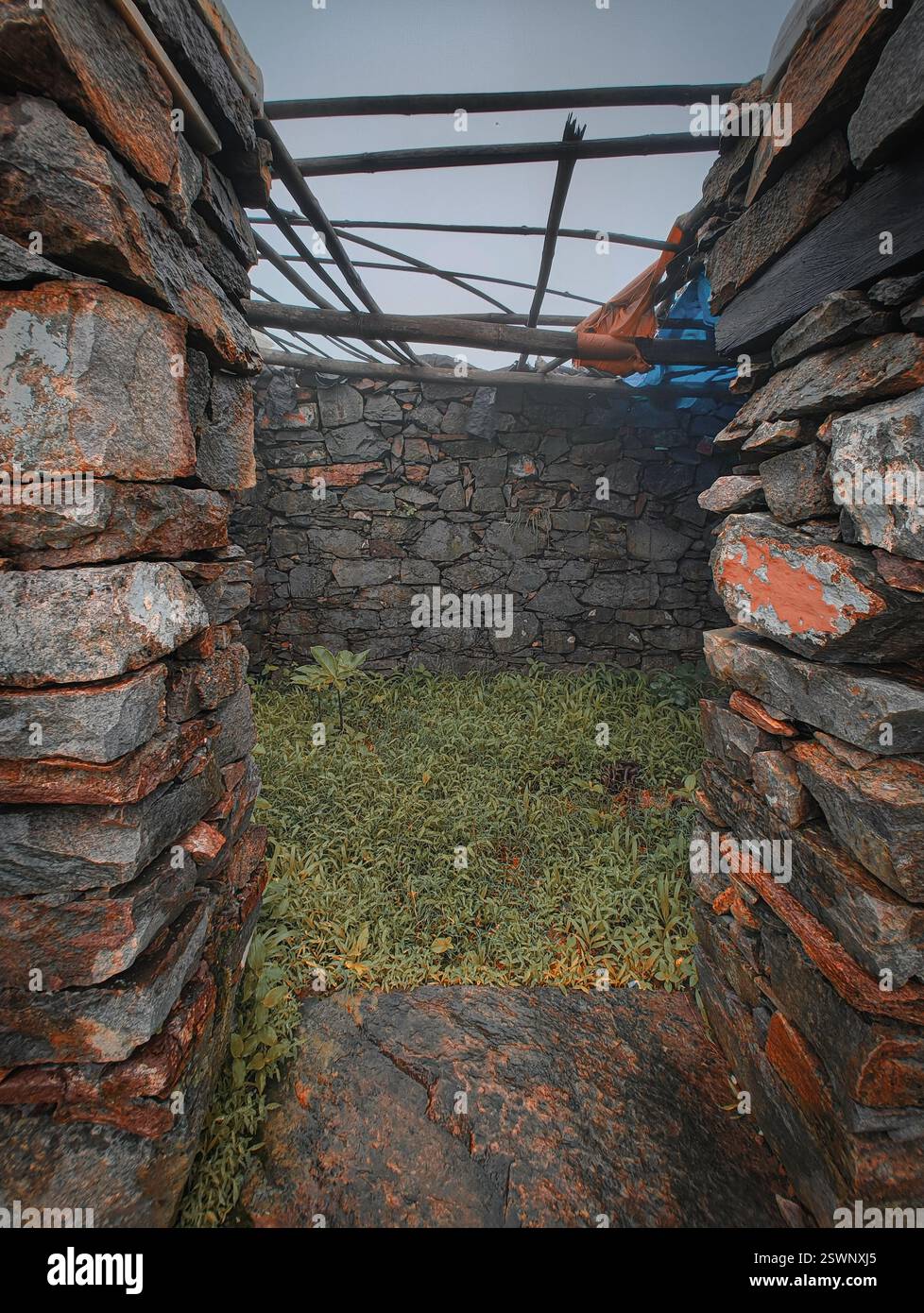 Verlassene Steinhütte mit einem eingestürzten Holzdach mit verwitterten Steinmauern und rostigen Orangetönen, überholt von Grün in einer abgelegenen Bergregion. Stockfoto