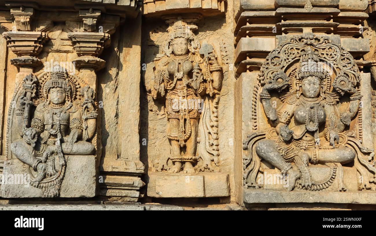 Wunderschön geschnitzte Idole der hinduistischen Gottheiten am Chinnakeshwa Tempel, Lord Shiva Tempel aus dem 12. Jahrhundert, Mosale, Hassan, Karnataka, Indien. Stockfoto