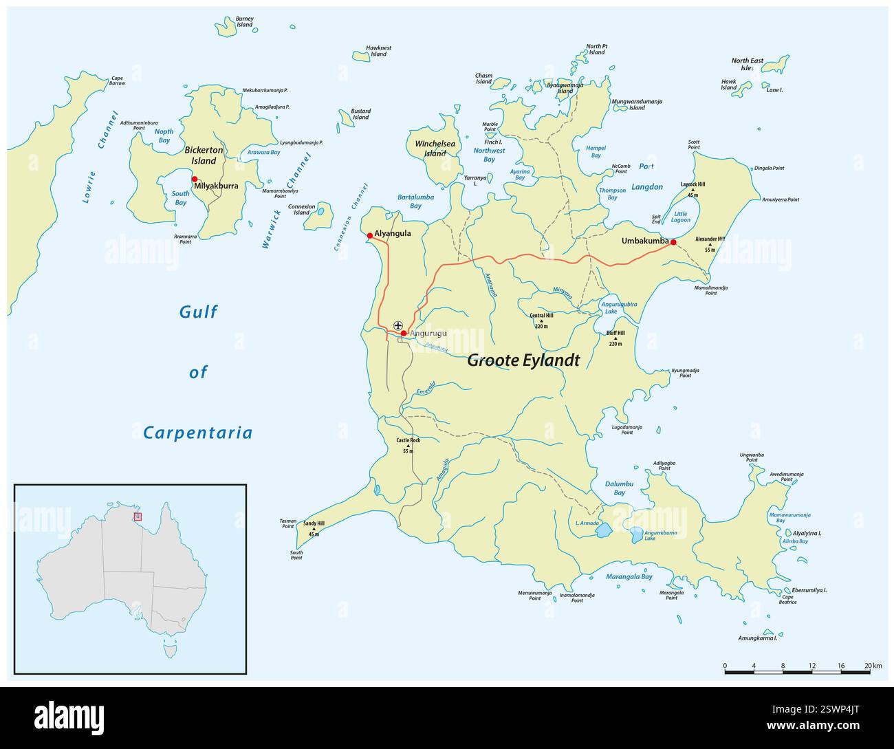 Karte von Groote Eylandt im Golf von Carpentaria, Australien Stockfoto