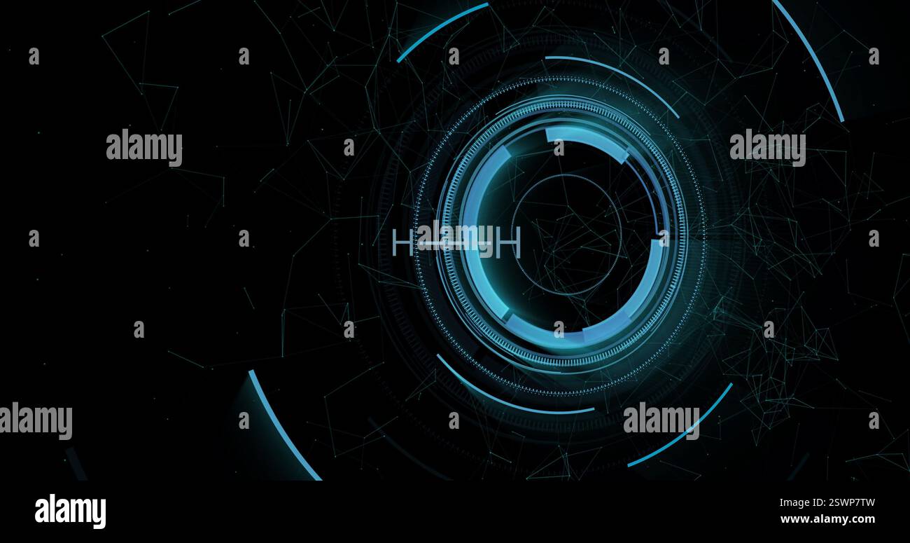 Rotierende blaue digitale Schnittstelle mit Binärcode und Kreismustern, futuristisches Bild Stockfoto