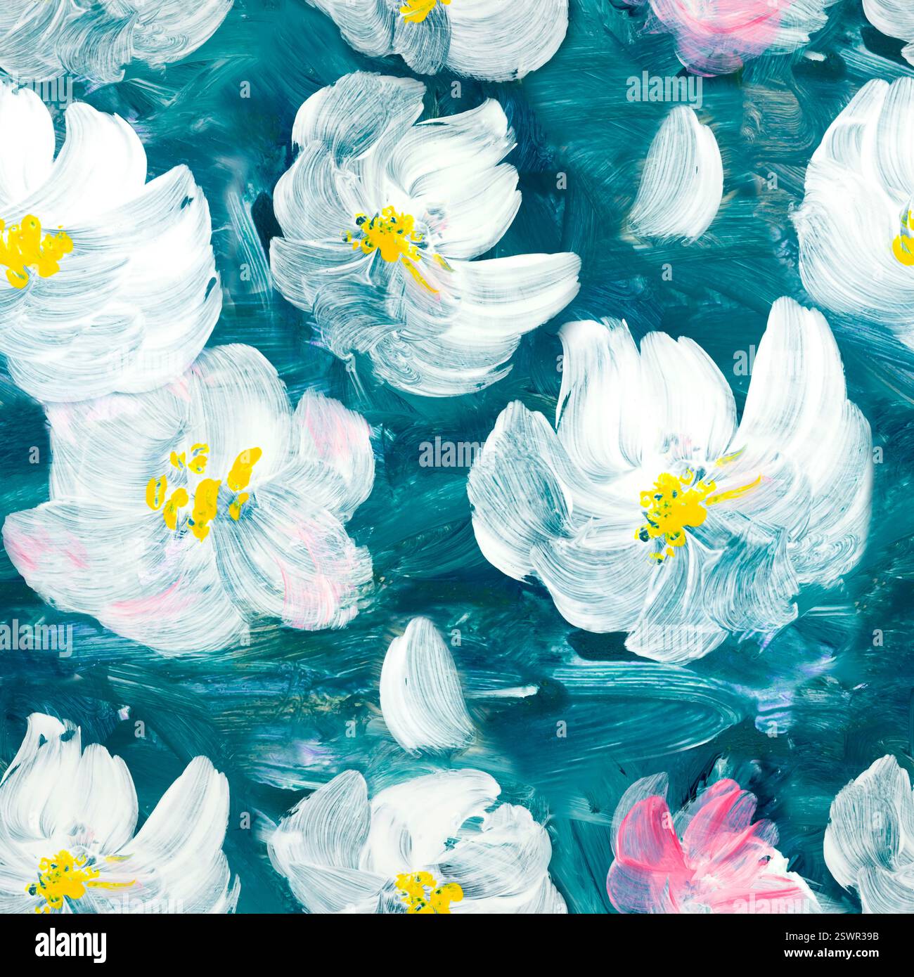 Nahtloses Muster der abstrakten Malerei weiße Blumen, Original handgezeichnet, Impressionismus Stil, Farbtextur, Pinselstriche von Farbe, Kunsthintergrund. Stockfoto