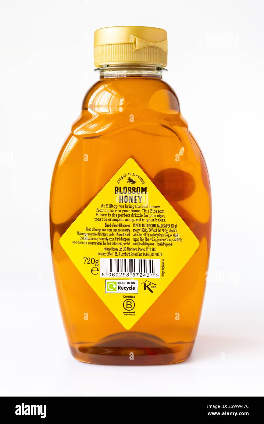 Auf der Rückseite einer quetschenden Flasche Hilltop Blossom Honig Stockfoto