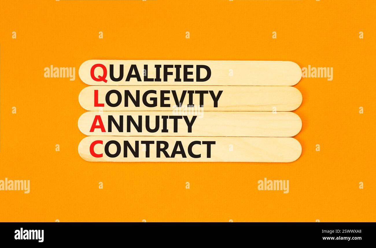 QLAC-Symbol. Concept Word QLAC Qualified Longevity Rnuity Contract auf schönen Holzstäben. Wunderschöner orangefarbener Hintergrund. Business QLAC qualifizierte L Stockfoto QLAC-Symbol. Concept Word QLAC Qualified Longevity Rnuity Contract auf schönen Holzstäben. Wunderschöner orangefarbener Hintergrund. Business QLAC qualifizierte L Stockfoto