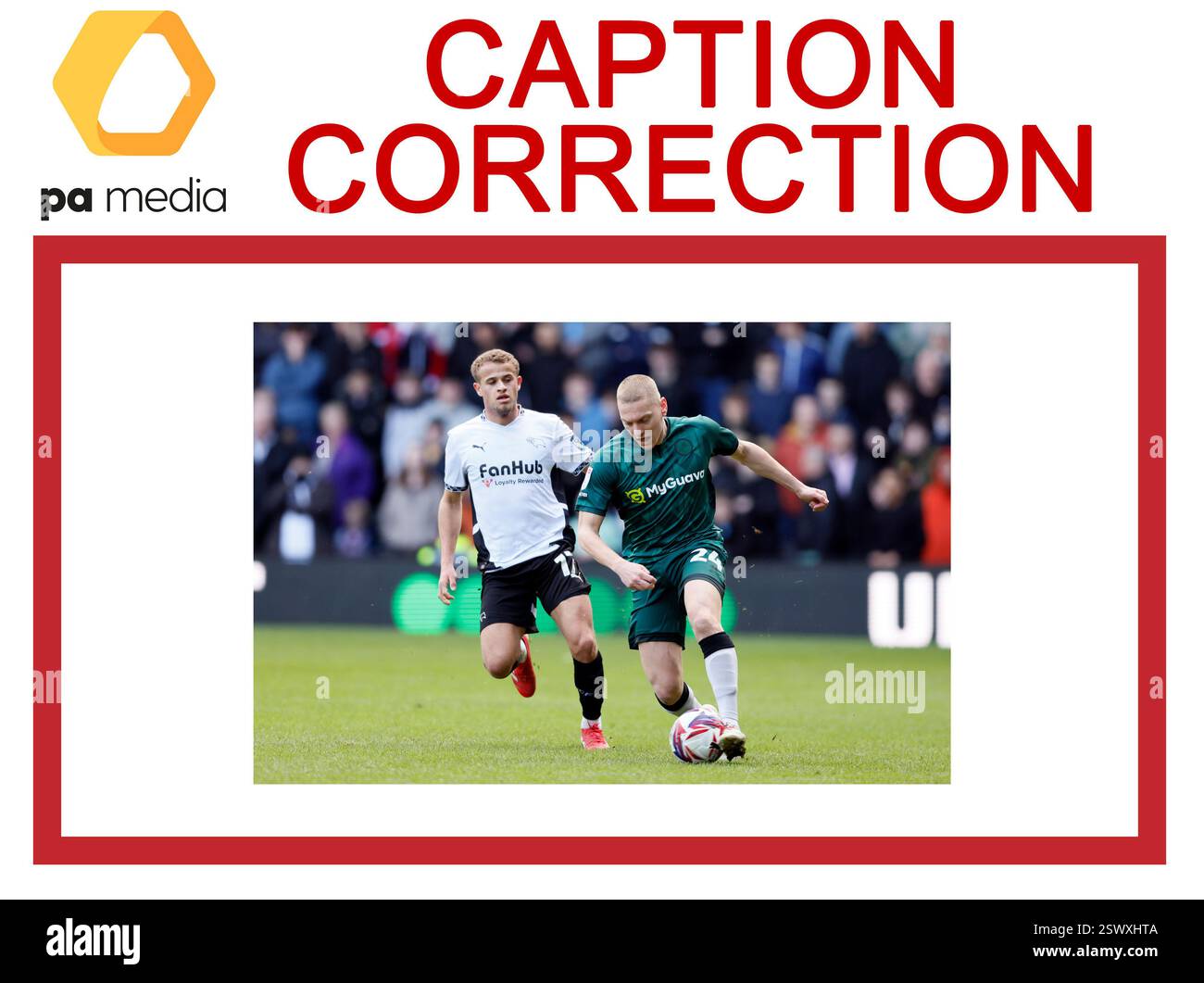 AUFMERKSAMKEIT BILDREDAKTEURE, CHIEF SUBS UND PICTURE LIBRARIANS: Untertitelkorrektur, die den Namen des Spielers von Derby County Nathaniel Phillips in Derby County Kenzo Goudmijn ändert. Der richtige Titel sollte lauten: Kenzo Goudmijn von Derby County (links) und Casper de Norre von Millwall kämpfen um den Ball während des Sky Bet Championship Matches im Pride Park Stadium, Derby. Bilddatum: Samstag, 22. Februar 2025. Stockfoto