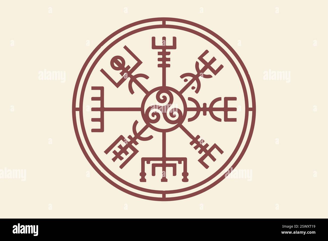Vegvisir antike Navigationskompass und Triskele, handgezeichnetes Magic Celtic Schild. Die Wikinger verwendeten viele Symbole in Übereinstimmung mit der nordischen Mythologie Stock Vektor