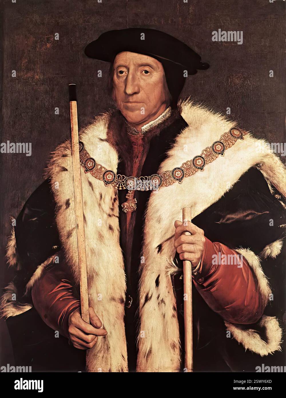 HOLBEIN, Hans der Jüngere (* 1497, Augsburg, d. 1543, London) Thomas Howard, Prinz von Norfolk 1539-40 Tempera auf Holz, 80,3 x 61,6 cm Royal Collection, Windsor Thomas Howard (1473–1554) war ein mächtiger englischer Adliger, der unter König Heinrich VIII. Eine Vielzahl hoher Ämter innehatte. Howard war der Schwager von König Heinrich VII. Und der Sohn von Thomas Howard, 2. Duke of Norfolk. Im Mai 1513 wurde er Lord High Admiral und am 9. September half er bei der Flucht des SC Stockfoto