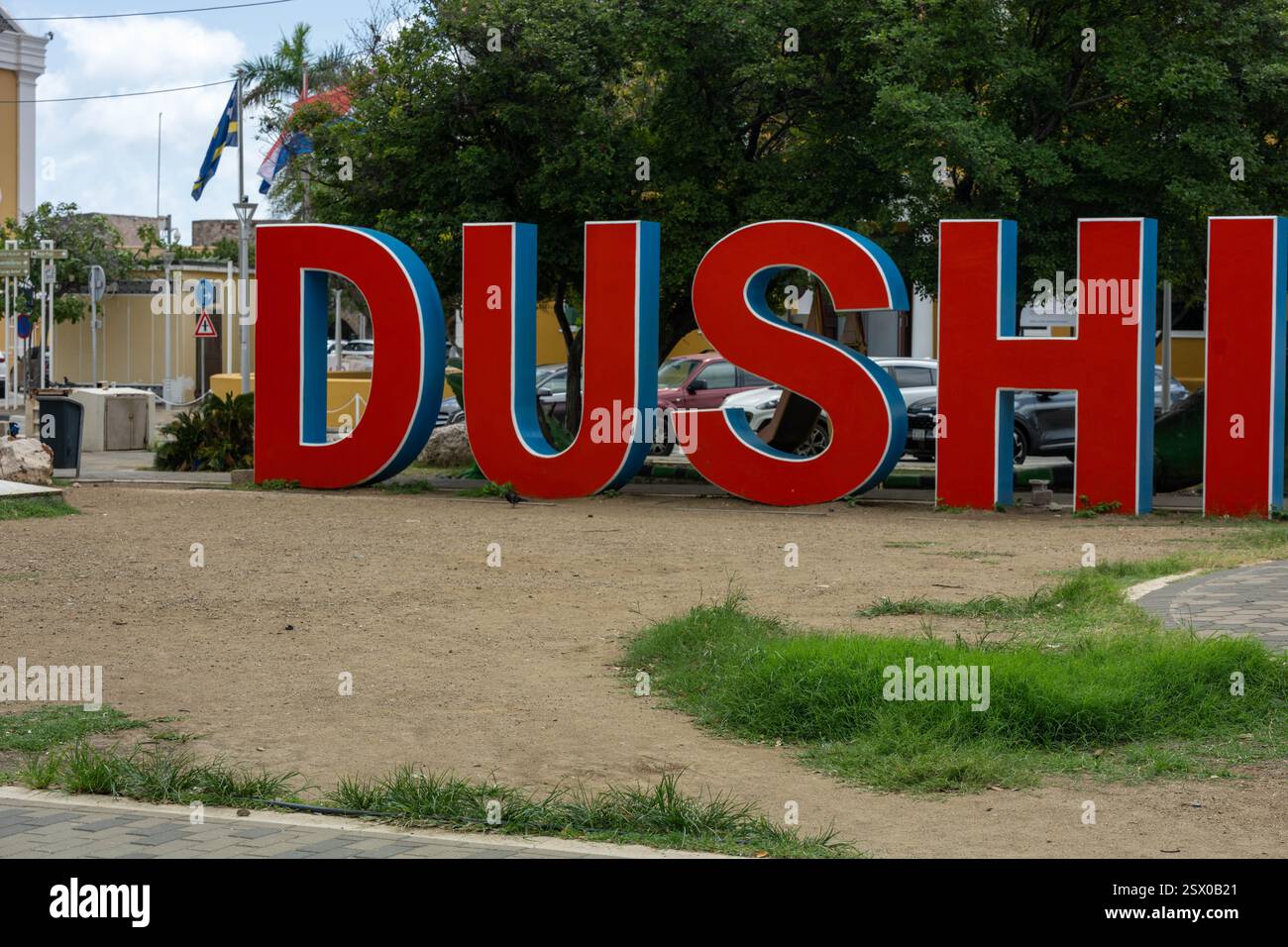 Dushi Schild Port of Willemstad Curacao Stockfoto