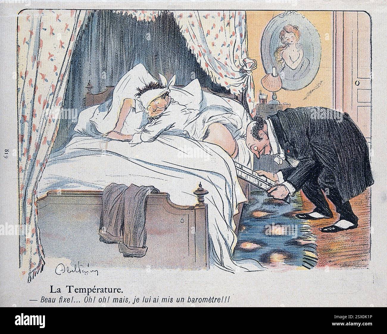 Ein Arzt legt ein Barometer anstelle eines Thermometers in die Rückseite des Patienten ein: Sein Zustand lautet „Schönwetter“. Farbprozessdruck nach J-A. Faivre, 1902. Französische Publikation. Stockfoto