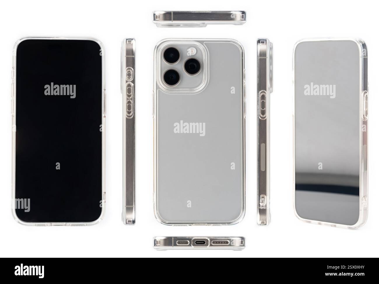 Smartphone in transparenter Abdeckung verschiedene Ansichten isoliert auf Studiohintergrund Stockfoto