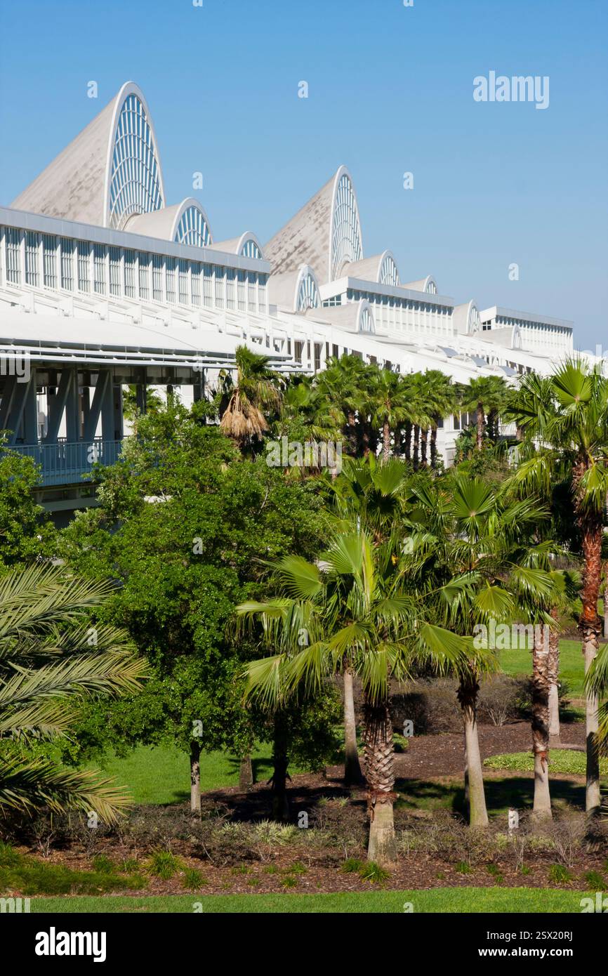 Großes Gebäude mit vielen Palmen davor. Die Palmen sind grün und das Gebäude weiß Stockfoto