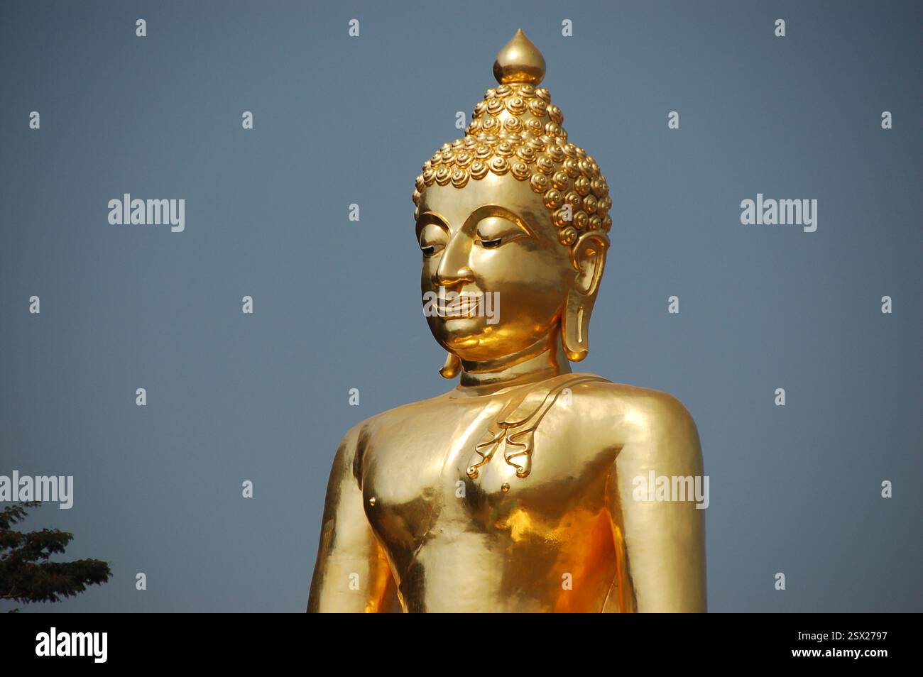 Eine riesige goldene Buddha-Statue am Flussufer im Goldenen Dreieck Thailands, ein bedeutendes kulturelles und spirituelles Wahrzeichen an dieser historischen Grenze Stockfoto