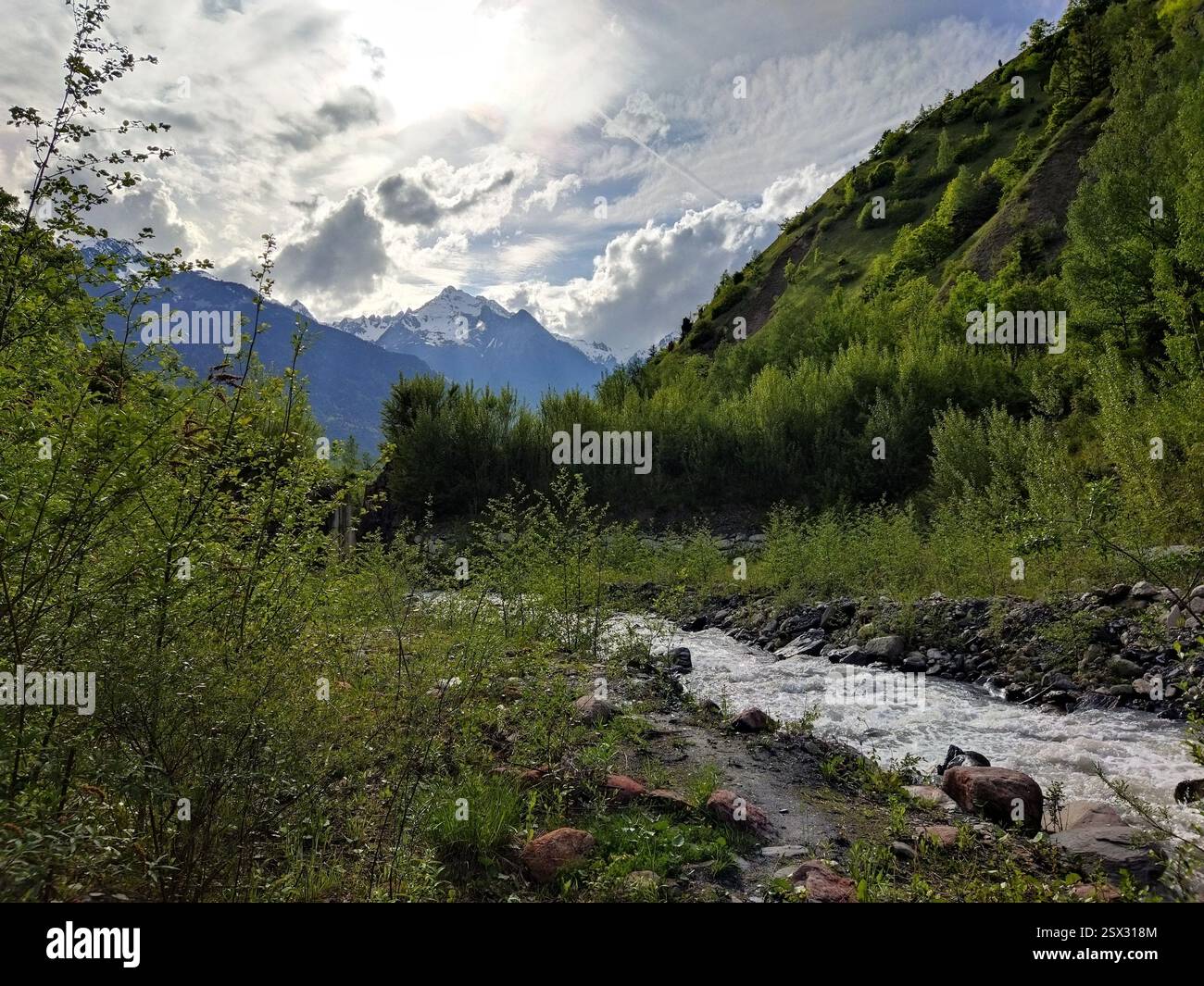Frankreich Savoie: Paysage sauvage de montagne au bord d'une riviere Stockfoto