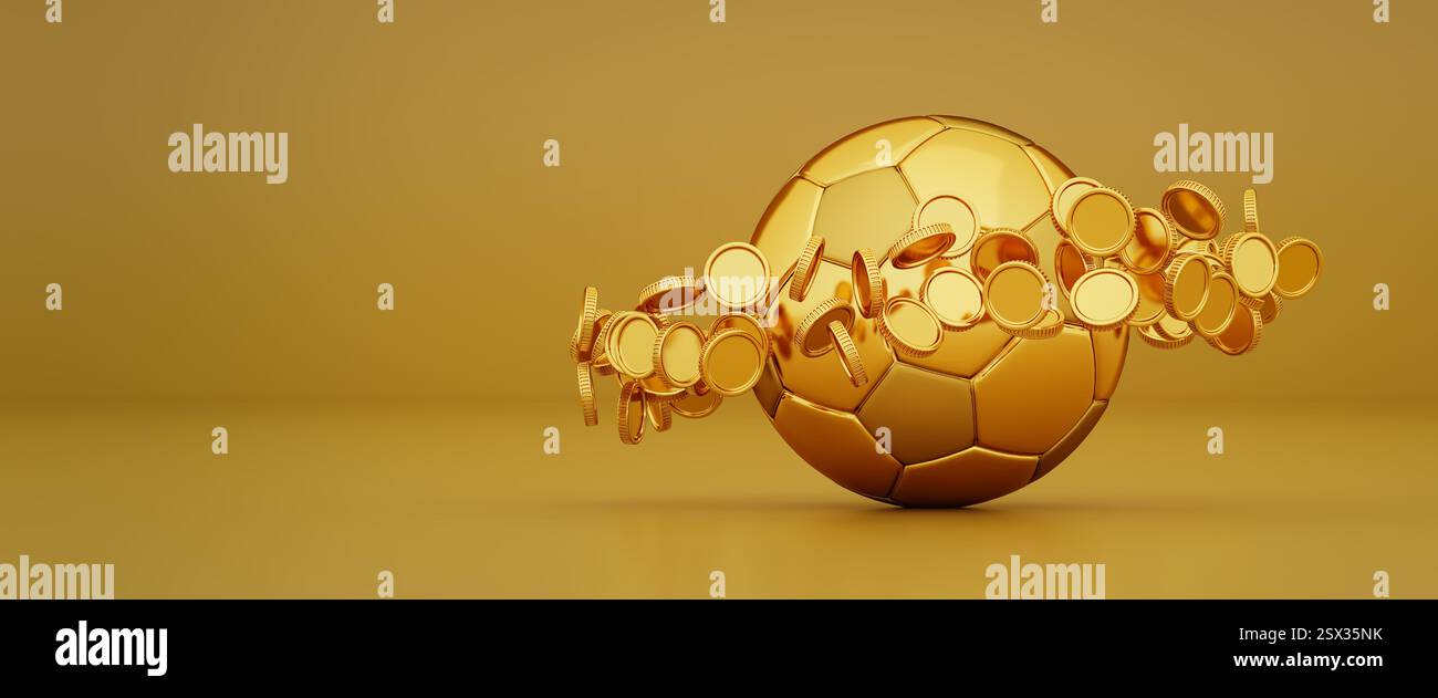 Goldener Fußball / Fußball, umkreist von einem Ring aus goldenen Münzen auf einem goldenen nahtlosen Hintergrund. Konzept: Big Business in Sport, Fußball, Fußball, tr Stockfoto