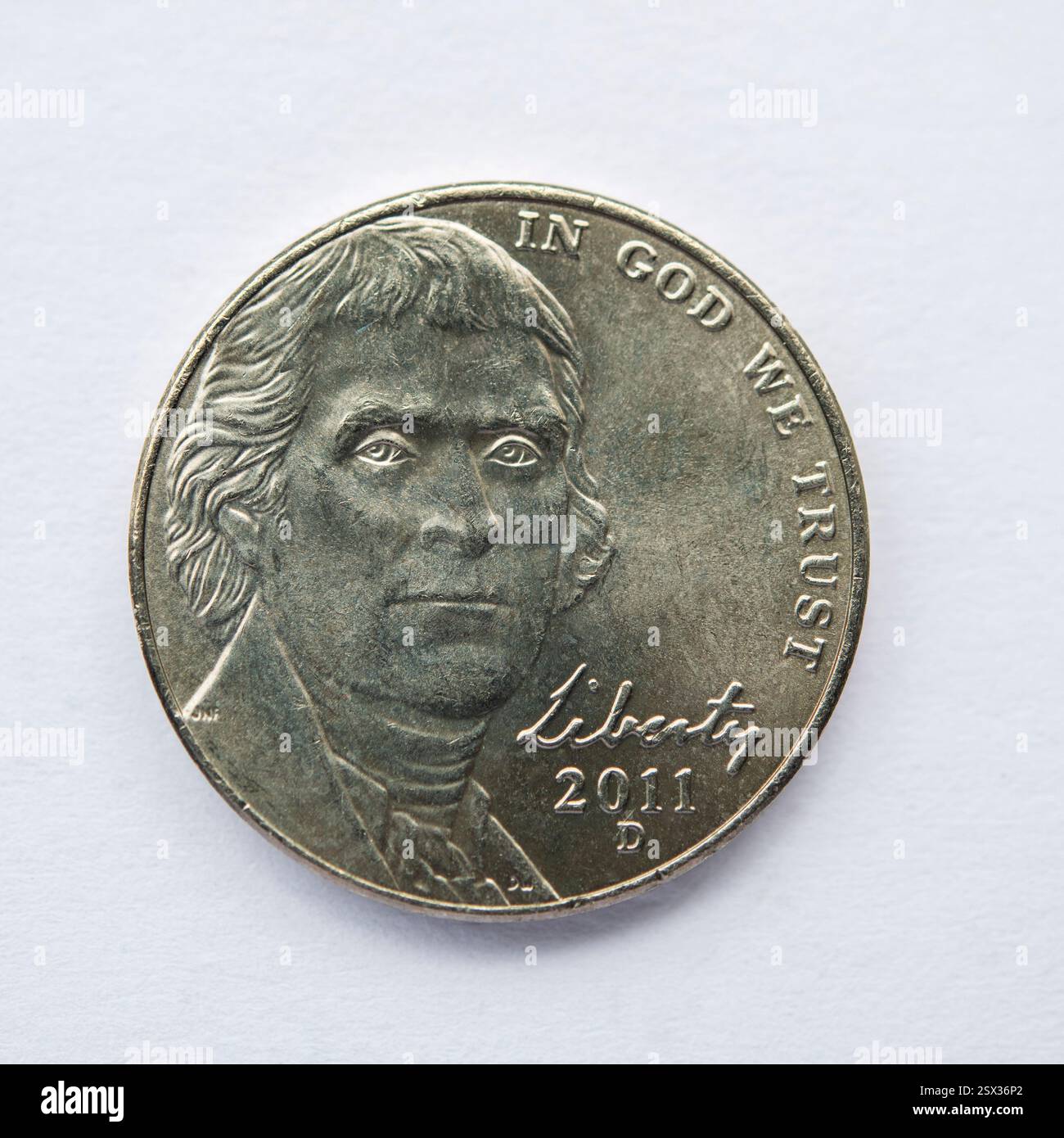 Stillleben der Vorderseite einer amerikanischen 5-Cent-Münze aus dem Jahr 2011 Stockfoto