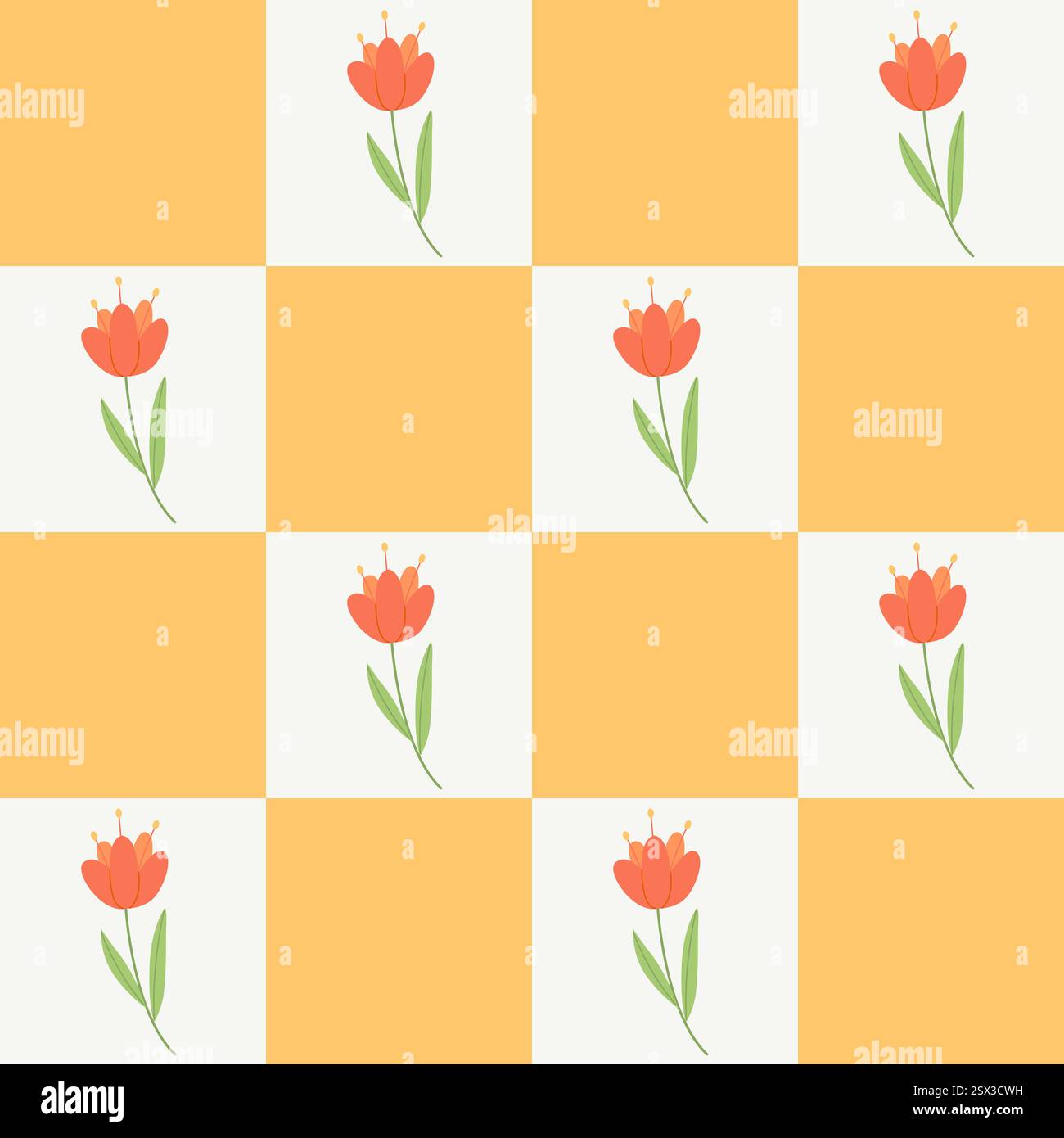 Karierter, nahtloser Hintergrund mit Mohnblumen. Trendiges, grooviges Blumenmuster. Stock Vektor