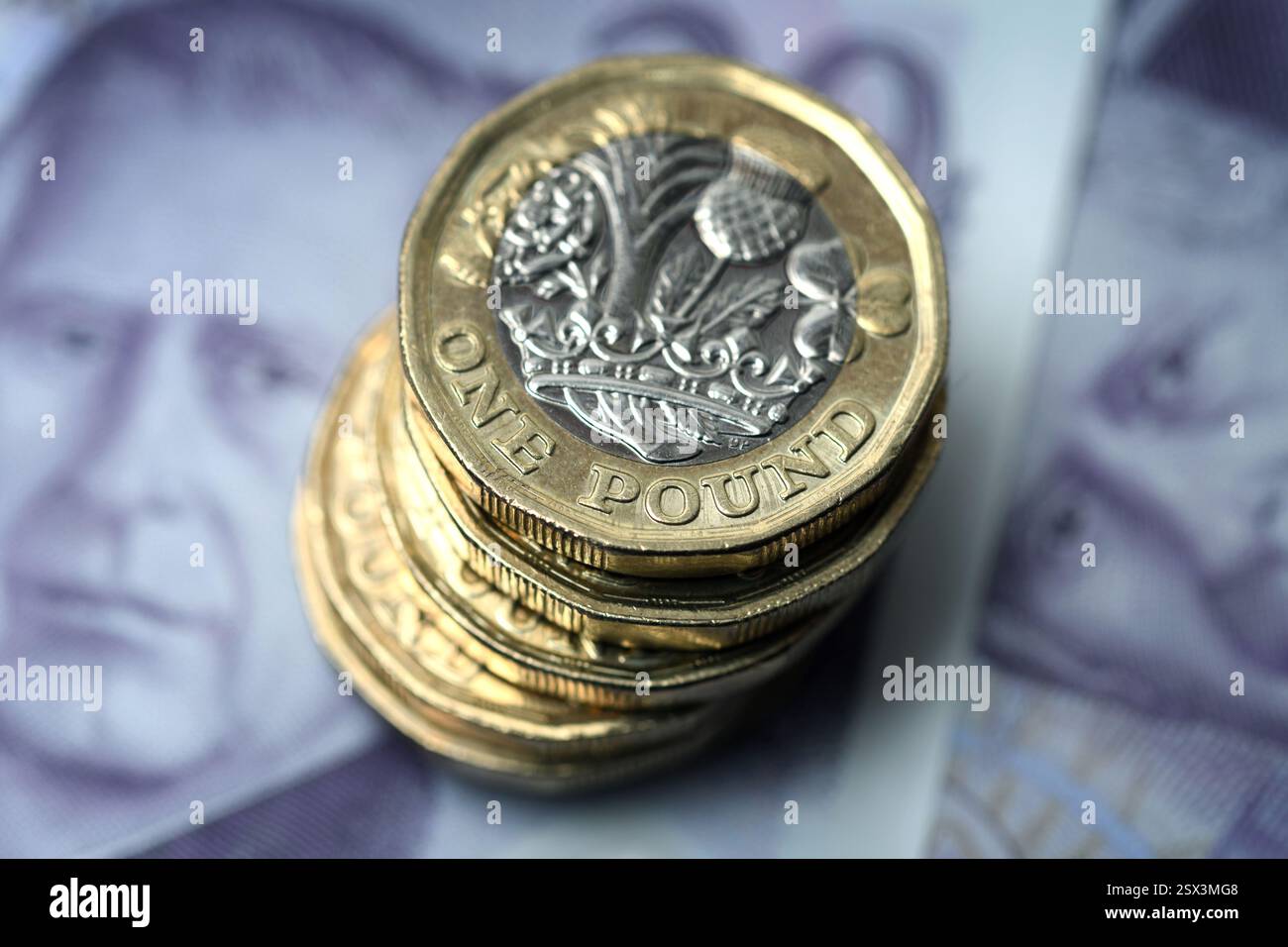 1-PFUND-MÜNZEN MIT BRITISCHEN BANKNOTEN RE HYPOTHEKEN SPAREN DIE WIRTSCHAFT RUHESTAND USW. GROSSBRITANNIEN Stockfoto