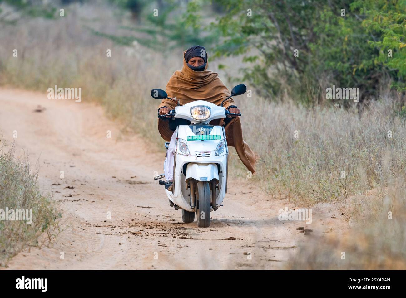 Ein Indianer, der auf einer Feldstraße Motorrad fährt. Rajasthan, Indien. Stockfoto