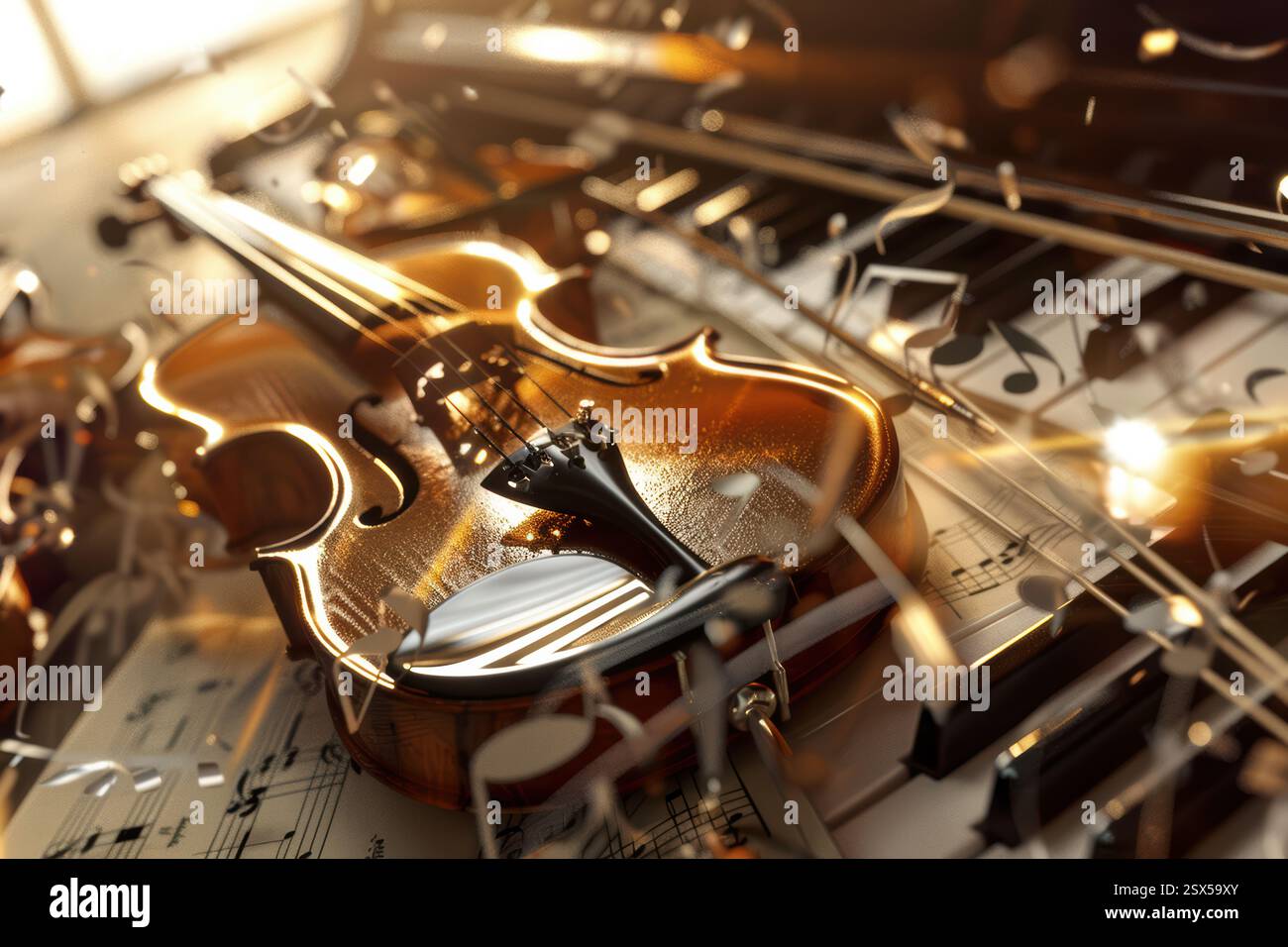 Eine elegante Geige auf arrangierten Noten, die das Wesen musikalischer Kunst und tiefer Inspiration einfängt Stockfoto