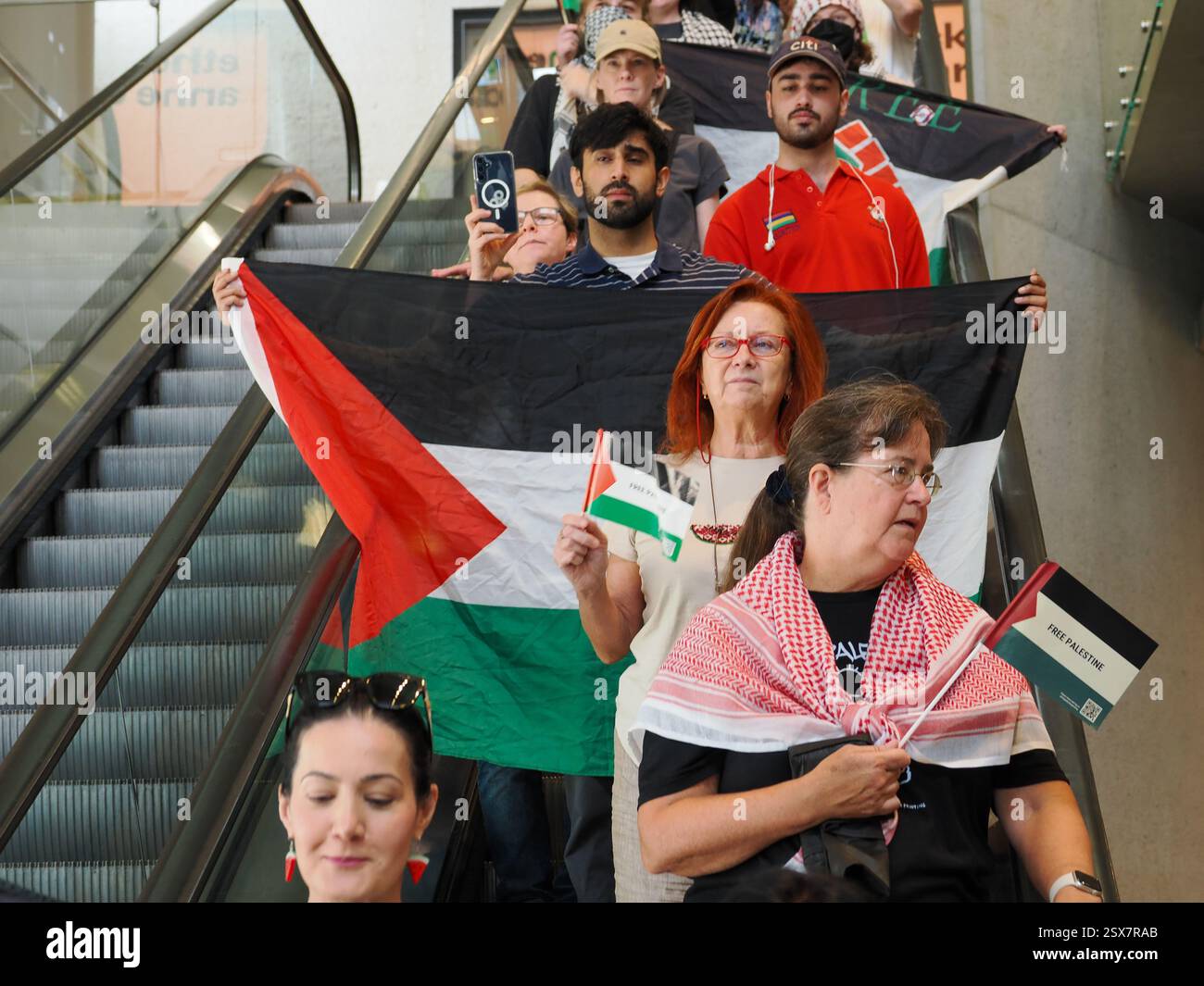 Canberra, Australien. Februar 2025. National Gallery of Austeralia (NGA). In der National Gallery of Australia (NGA) protestieren Sie gegen die Zensur von palästinensischen Flaggen auf einem indigenen Kunstwerk. Link zum Guardian-artikel: https://www.theguardian.com/australia-news/2025/feb/21/national-gallery-of-australia-says-it-covered-palestinian-flags-on-tapestry-after-security-assessment-ntwnfb Credit: Leo Bild/Alamy Live News Stockfoto