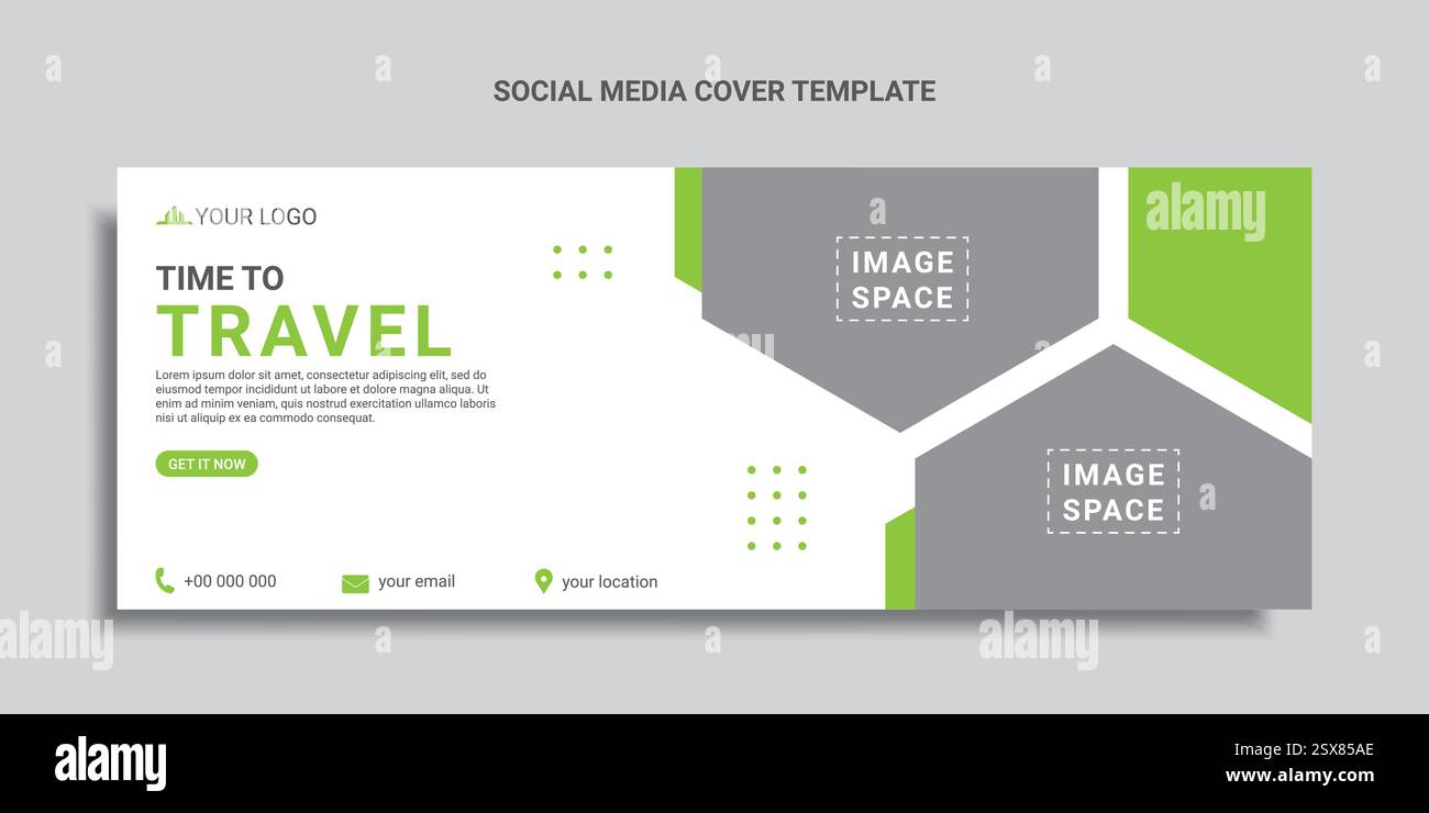 Social Media-Reisecover oder Webbanner mit grünen sechseckigen Formen Stock Vektor