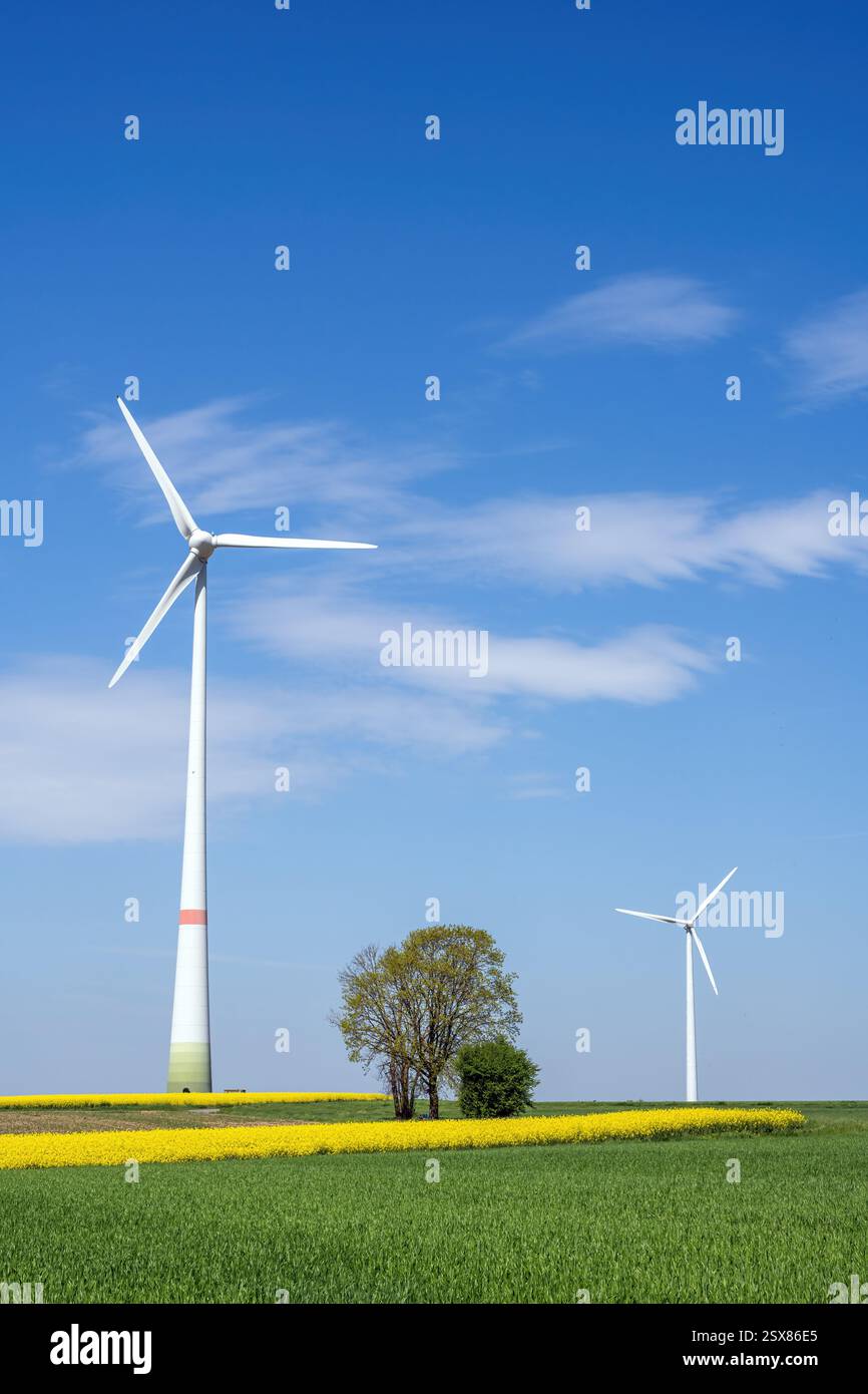 Moderne Windenergieanlagen mit landwirtschaftlich geprägter Landschaft in Deutschland Stockfoto