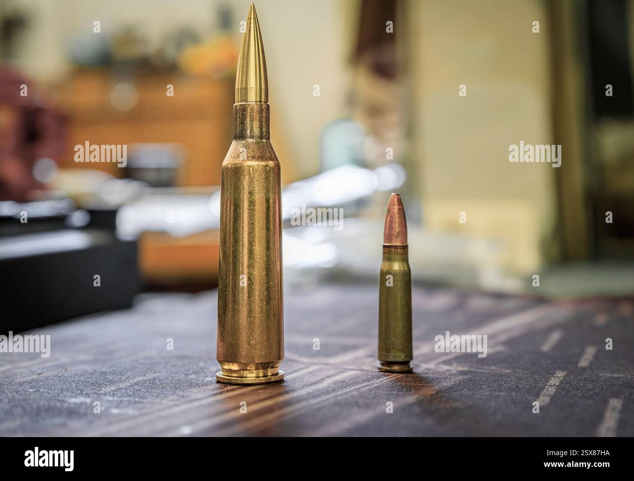 Kaliforniens Waffenlager: Zwei Gewehrpatronen, eine große mit einer Messingkugel .408 Chey Tac Spezialgewehrpatronen und eine kleinere Kalaschnikow-Kugel Stockfoto