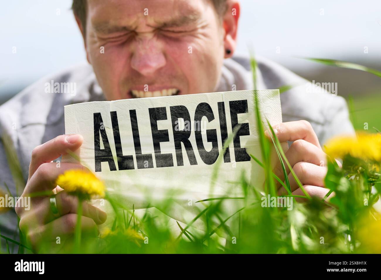 Bayern, Deutschland - 23. Februar 2025: Ein Mann hält ein Taschentuch mit dem Wort Allergie, während er mit den Augen schwingt. Pollen und Gras in der Luft lösen eine starke Reaktion aus. Jucken, Niesen und tränende Augen. *** FOTOMONTAGE, ein Mann hält ein Taschentuch mit dem Wort Allergie, während er die Augen zusammenkneift. Pollen und Gräser in der Luft lösen eine starke Reaktion aus. Juckreiz, Niesen und tränende Augen. Stockfoto