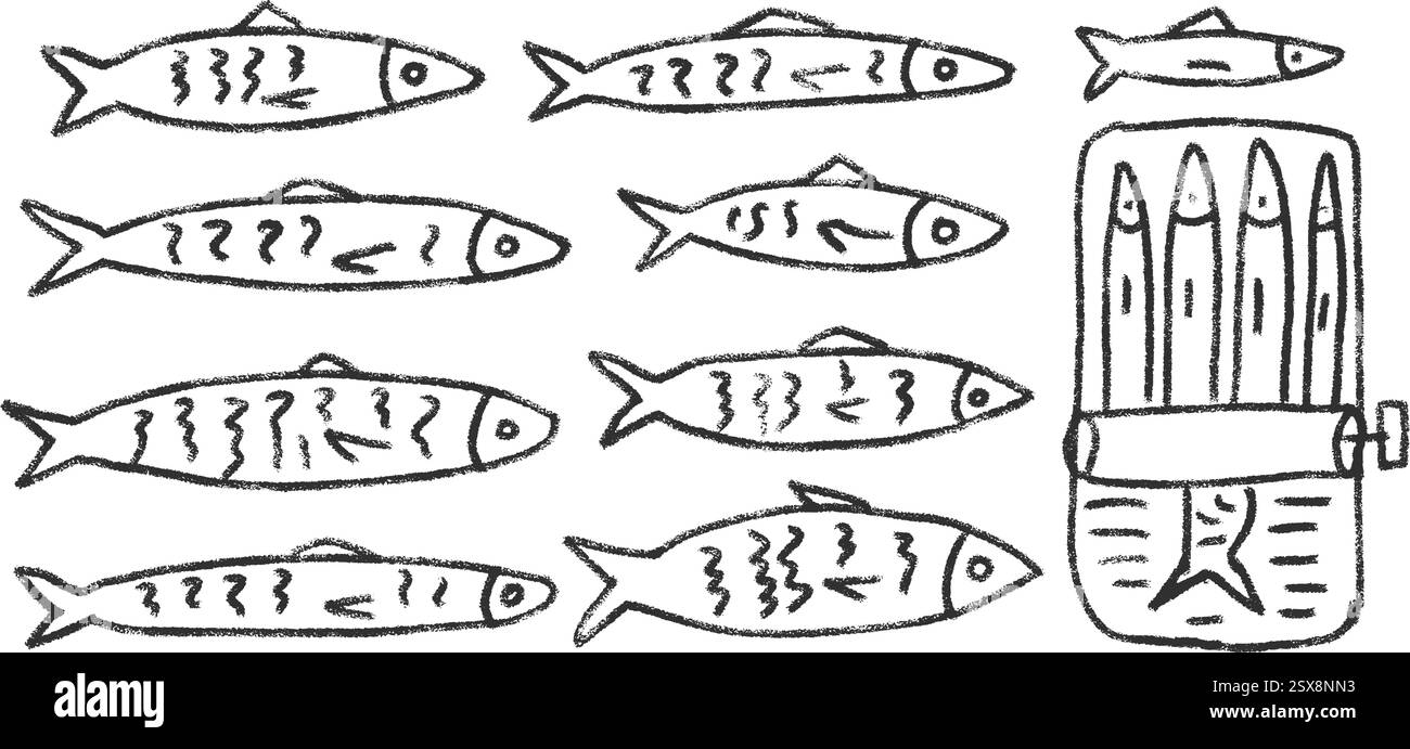 Sardinen Line Doodle Set. Von Hand gezogene Kritzeleien aus der Dose. Dosenfische. Offene Sardinendose. Vektor-konservieren Essensillustration durch Bleistift isoliert auf Wi Stock Vektor