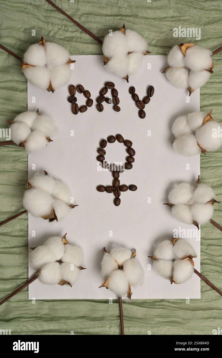 Internationaler Frauentag 8. März. Weibliches Geschlechtssymbol aus Kaffeebohnen auf weißem Hintergrund. Grünes Tuch. Zweige der Baumwoll-Infloreszenzpflanze Stockfoto