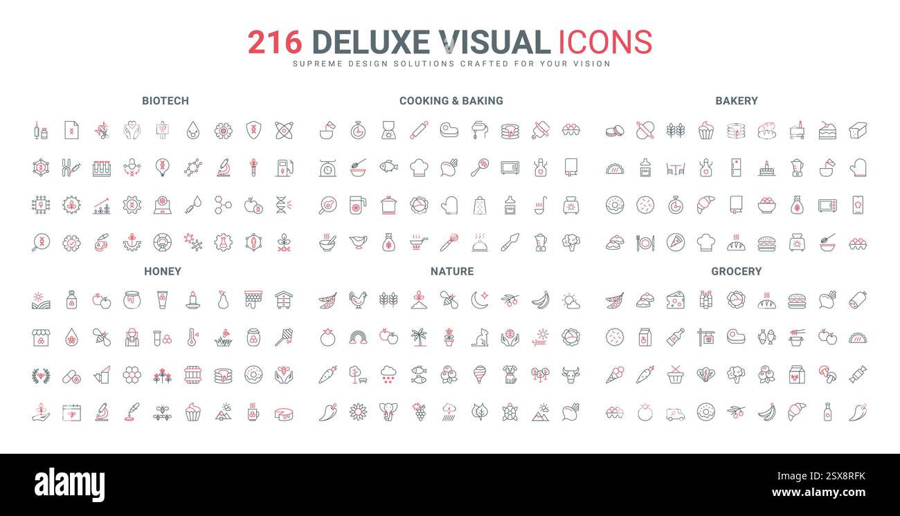 Lebensmittelgeschäft und Bäckerei, Biotech-Linie Symbol-Set. Küchengeräte und Produkte für Kochen, Natur, Honigproduktion, genetische Mutation, DNA-Forschung dünne schwarze und rote Umrisssymbole Vektorillustration Stock Vektor