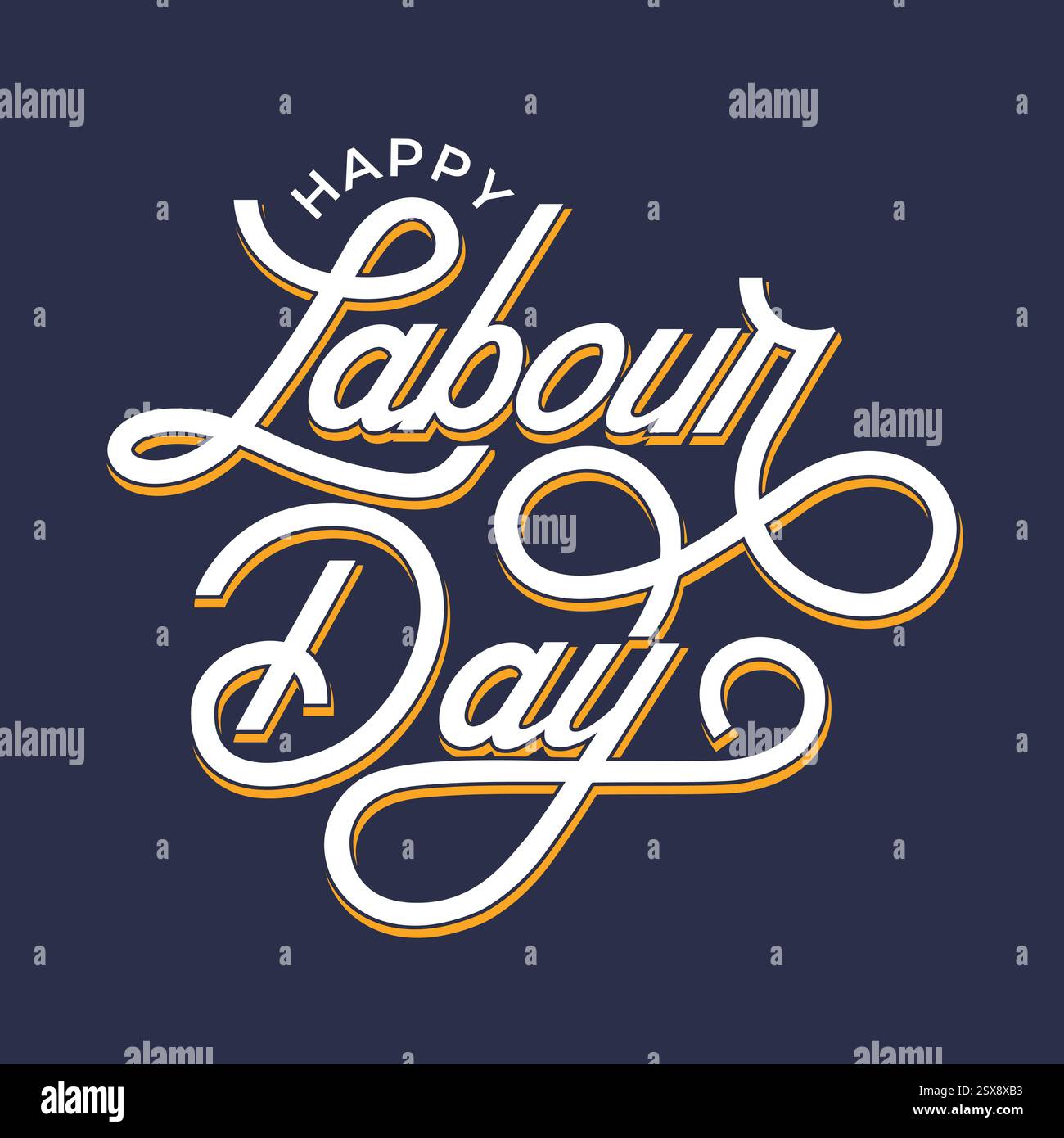 Happy Labour Kalligraphie Vektor Illustration isoliert auf blauem Hintergrund. Banner, Poster, Grußkarte zum Internationalen Tag der Arbeit am 1. Mai. Stock Vektor