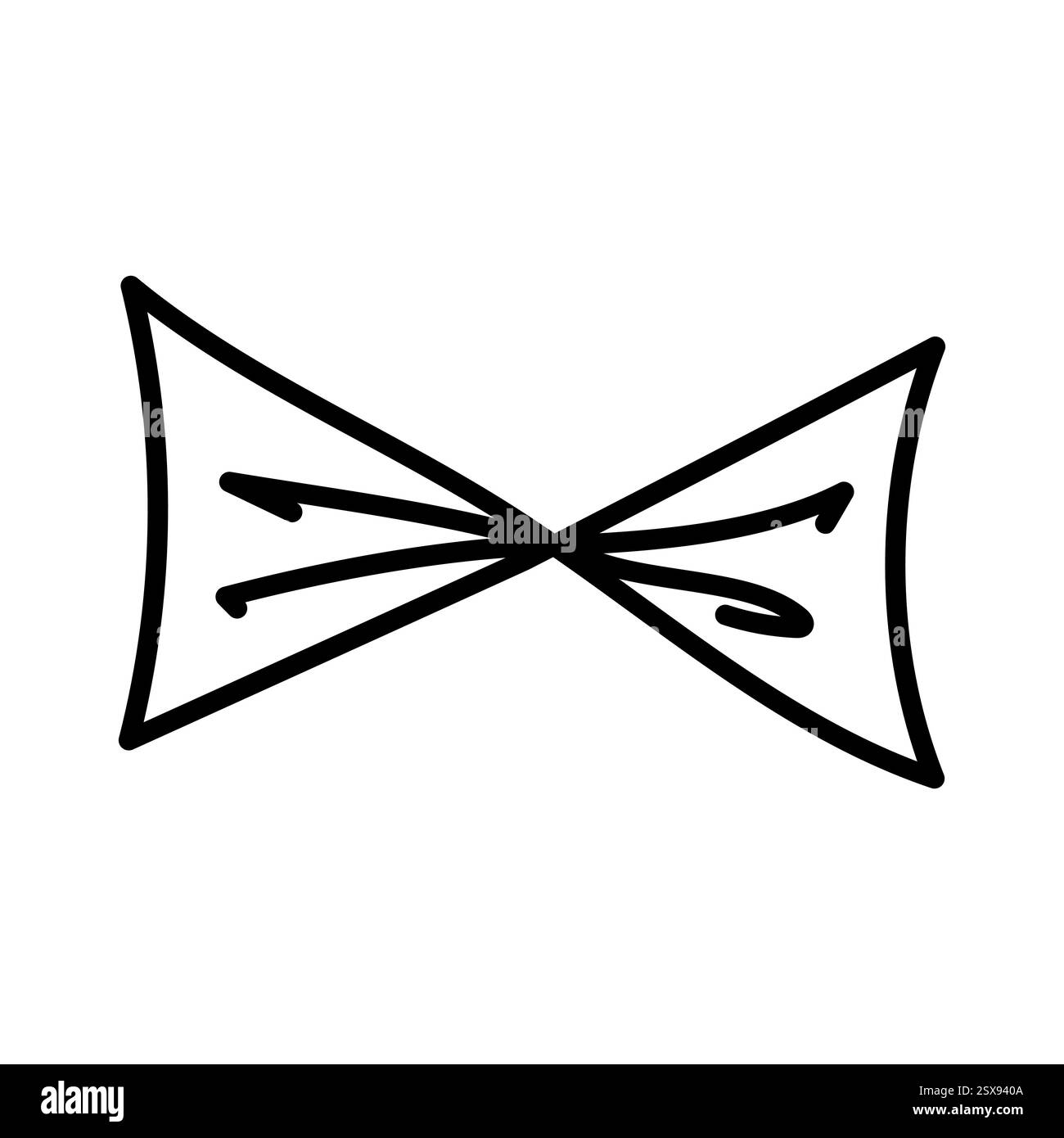 Symbol mit handgezeichneter, gebundener Schleife. Winkendes Band im Doodle-Stil. Dekorationselement der Modellstruktur. Isoliert auf weiß. Vektor Stock Vektor