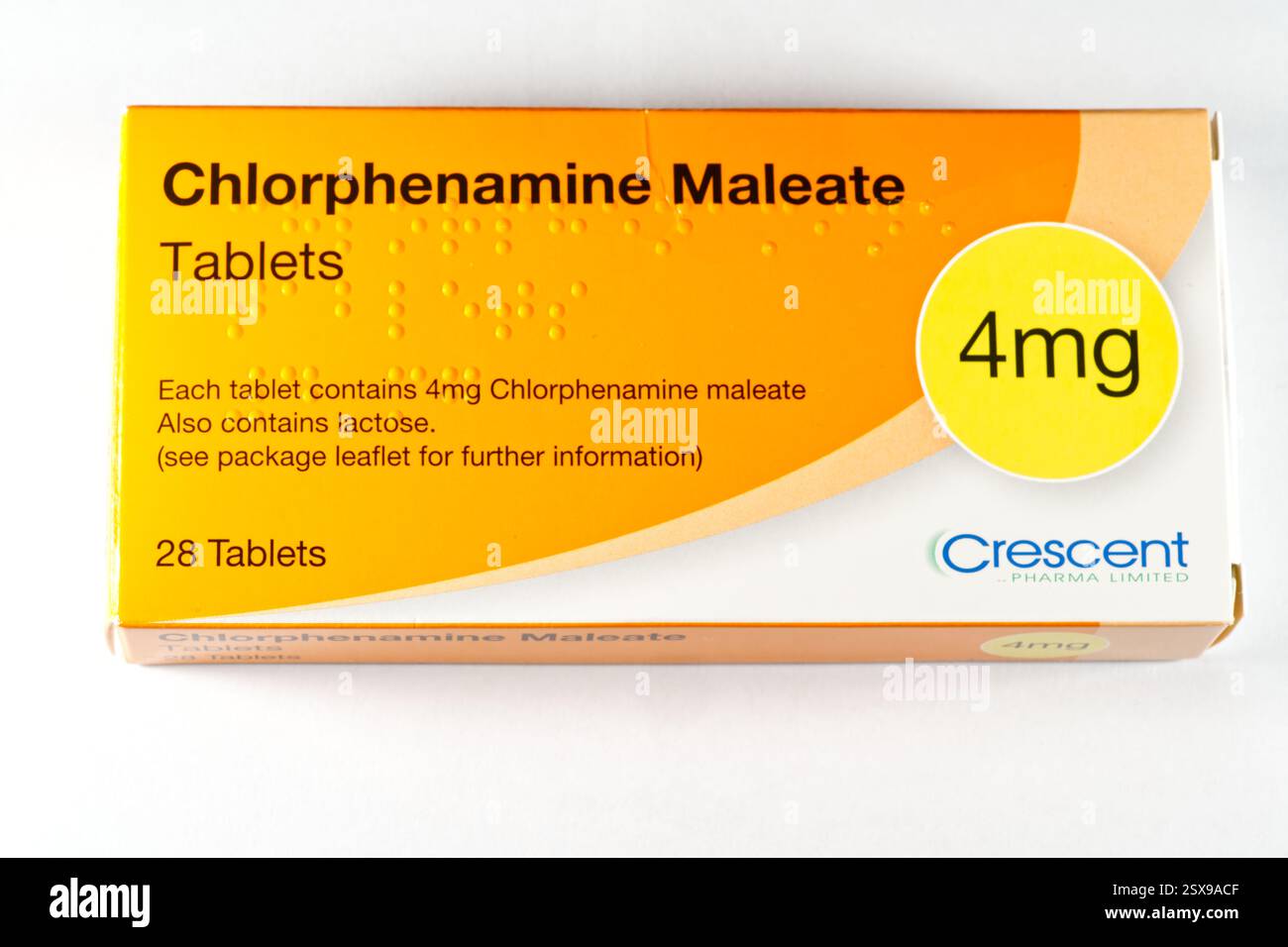 Bild einer Schachtel Chlorphenaminmaleat 4mg zur Linderung von Allergien. Stockfoto