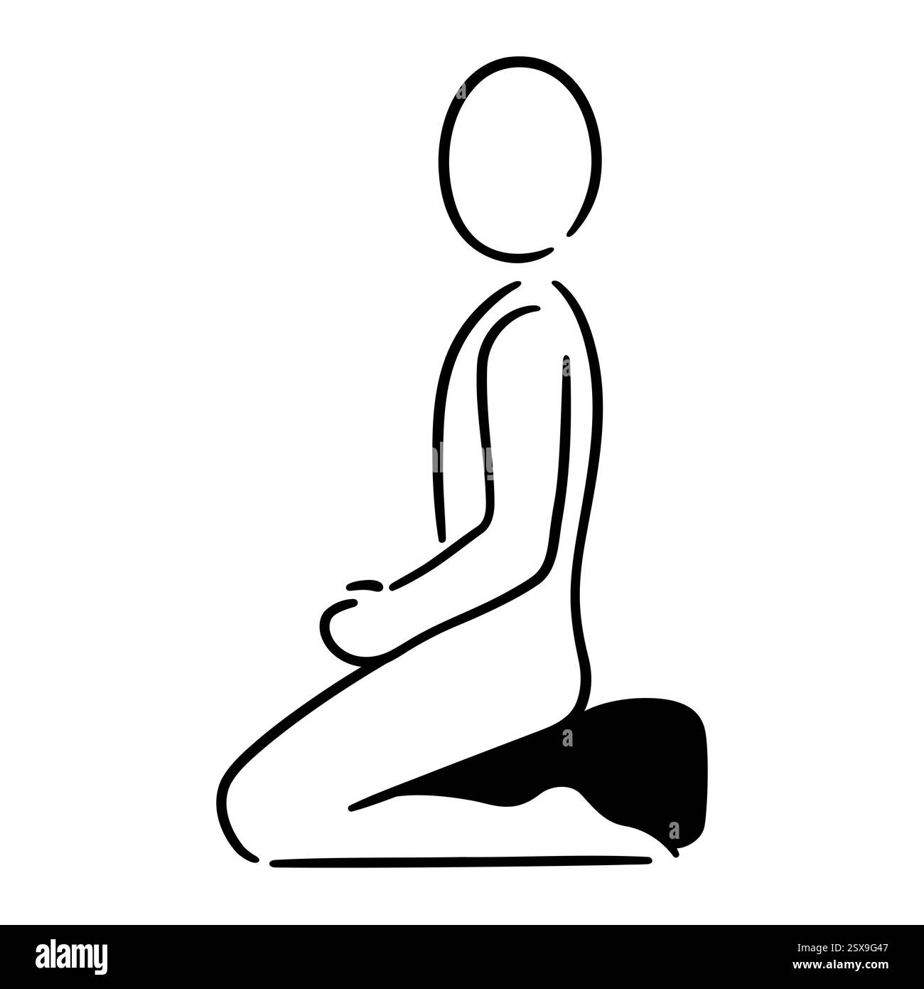 Zen-Meditationskritzelsymbol. Einfache handgezeichnete Figur, die Zazen in Seiza auf Zafu-Kissen sitzt. Strichgrafik Vektor Illustration, minimalistische Zeichnung. Stock Vektor