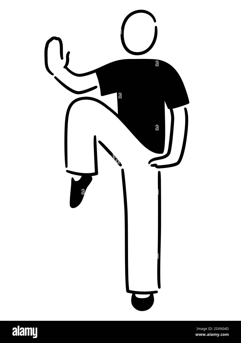 Person, die Tai Chi oder Qigong macht, einfache abstrakte Kritzelzeichnung. Schwarz-weiße Strichgrafik, Vektor-Clipgrafie Illustration. Stock Vektor