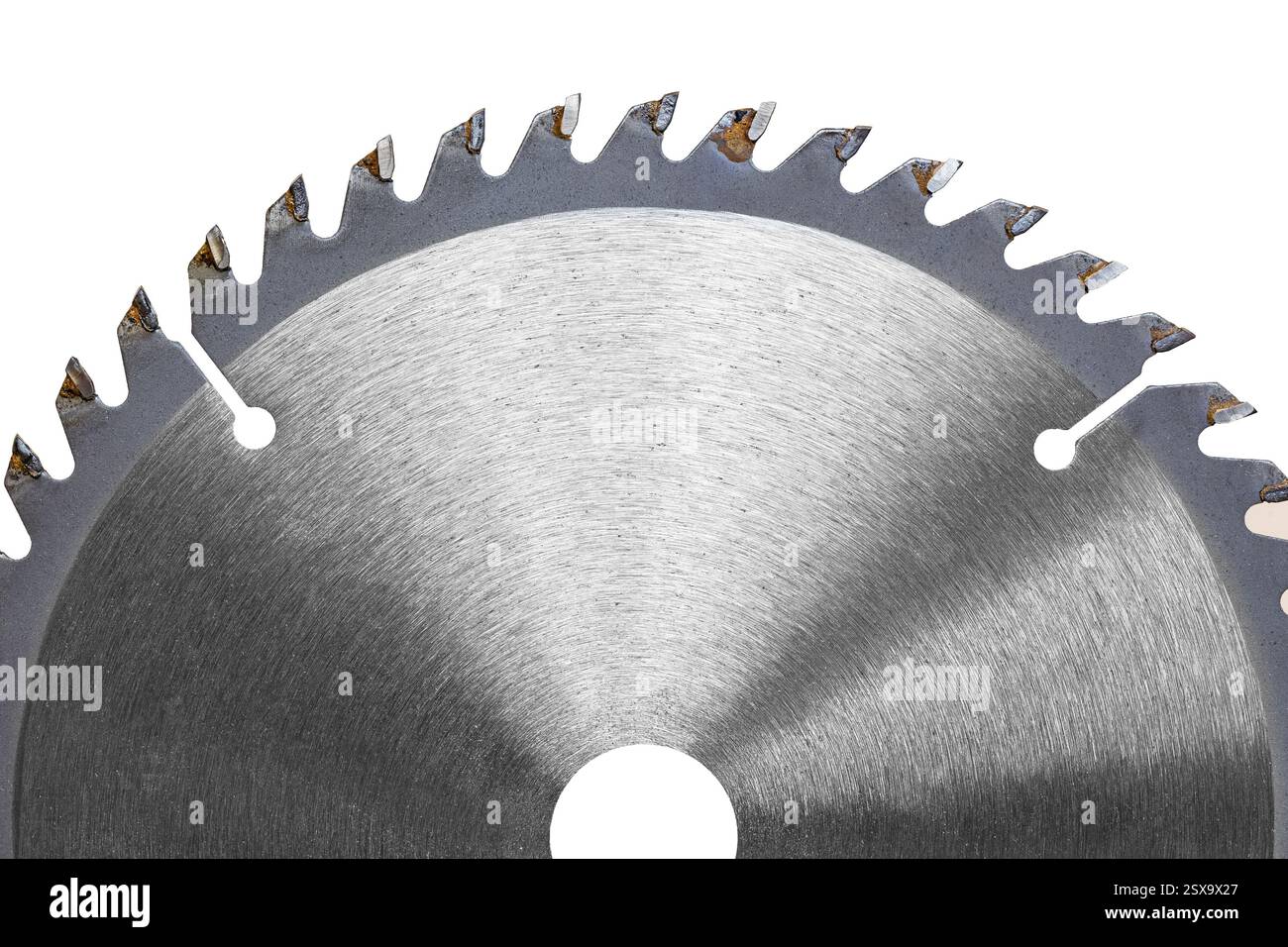 Fragment eines Kreissägeblattes, isoliert auf weißem Hintergrund Stockfoto