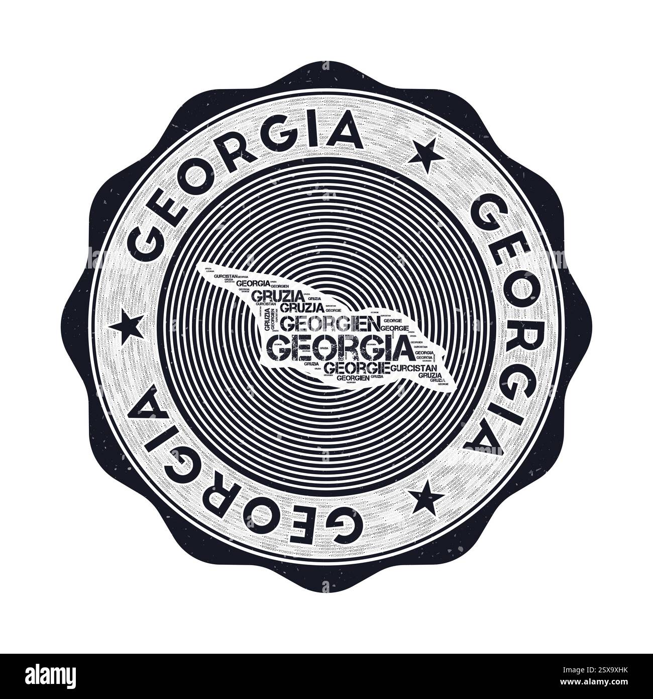 Georgia SEAL. Country Round-Logo mit Form von Georgien und Ländername in mehrsprachiger Wortwolke. Authentisches Emblem. Stock Vektor