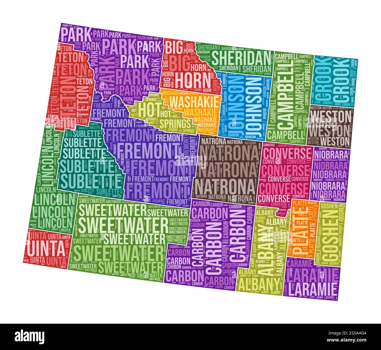 Wyoming-Form. State Word Cloud mit Bezirksabteilung. Farbige Abbildung in Wyoming. County Names Cloud. Vektorabbildung. Stock Vektor